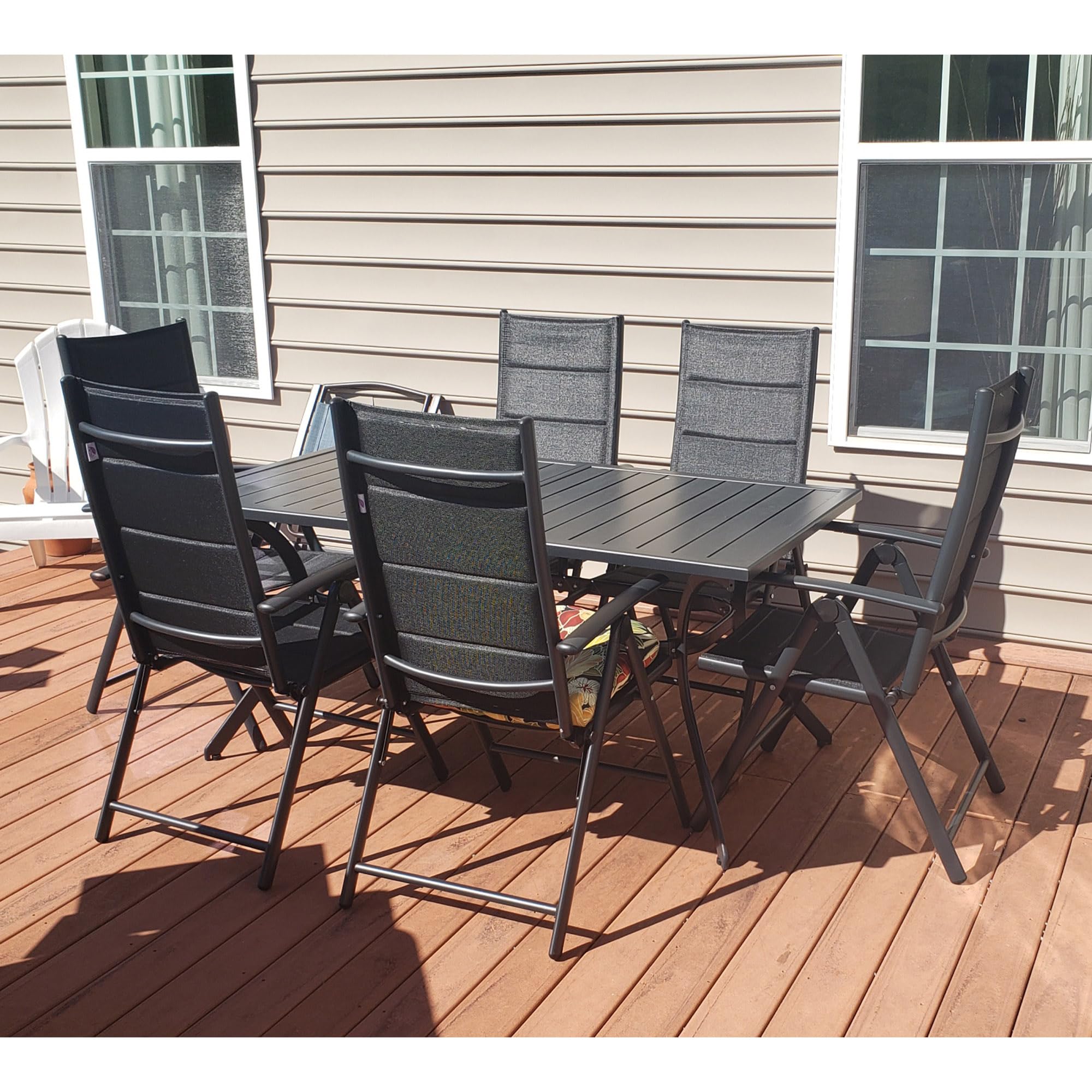 PURPLE LEAF 6-Piece Outdoor Dining Set with Adjustable Aluminum Slat Table & Cushioned Folding Chairs - Modern Patio Furniture for Backyard, Garden, Poolside or Terrace (Black)