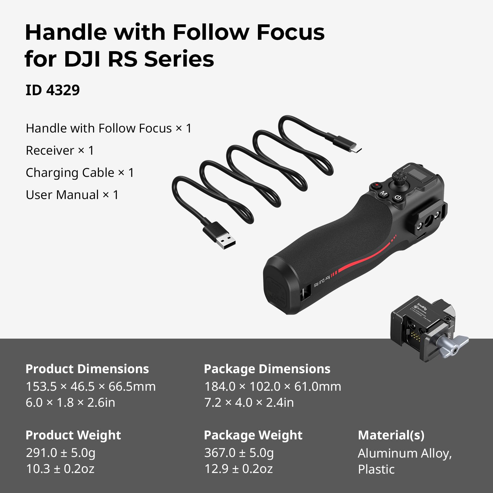 SMALLRIG Follow Focus Handle for DJI RS 2/RS 3 Pro/RS 4/RS 4 Pro Gimbal Stabilizer - 1/4