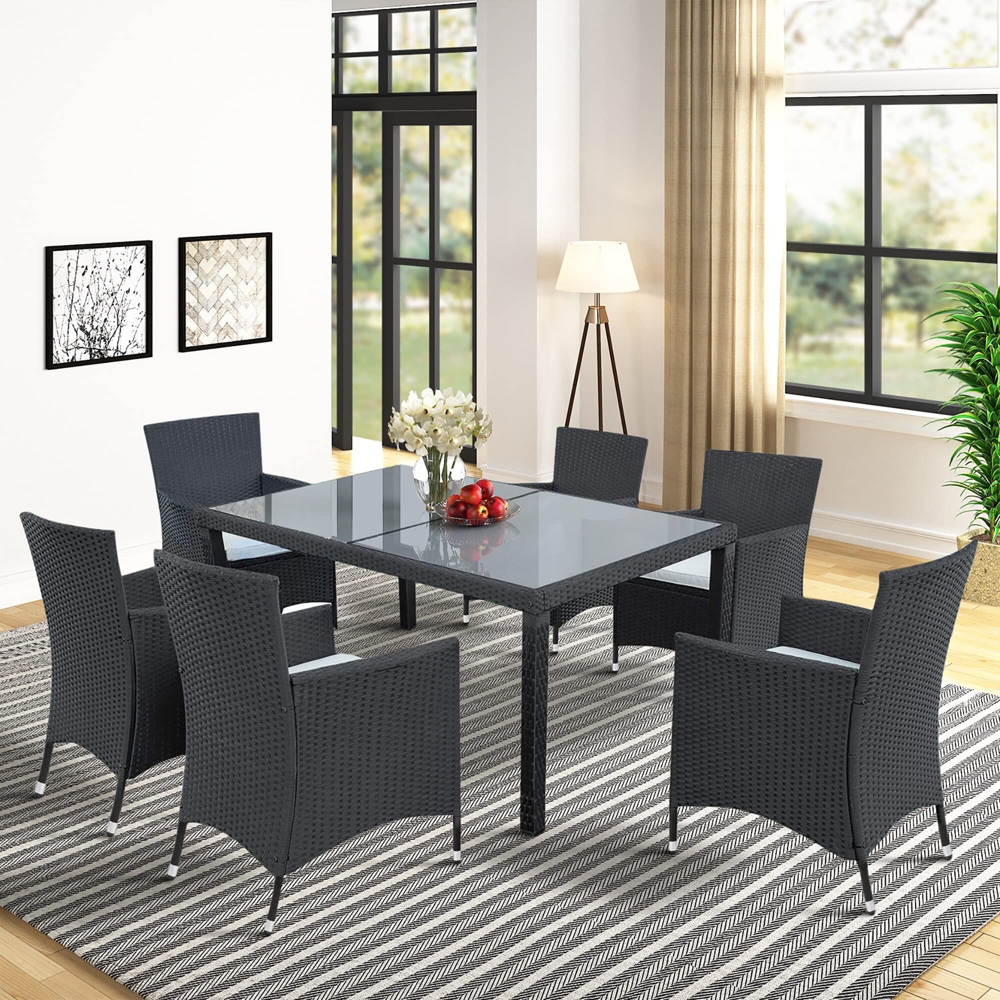 7-Piece Black Modern Outdoor Wicker Dining Set with Beige Cushions - Patio Rattan Furniture for 7 People - Perfect for Garden, Backyard, Poolside Dining and Entertaining