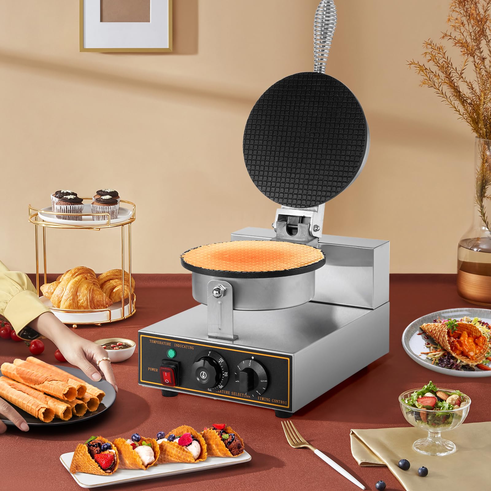 Dyna-Living Commercial Ice Cream Cone Maker – 110V Electric Waffle Cone & Bowl Machine, Stainless Steel Non-Stick Egg Roll Mold – 1200W for Home, Restaurants, Bakeries, and Ice Cream Shops