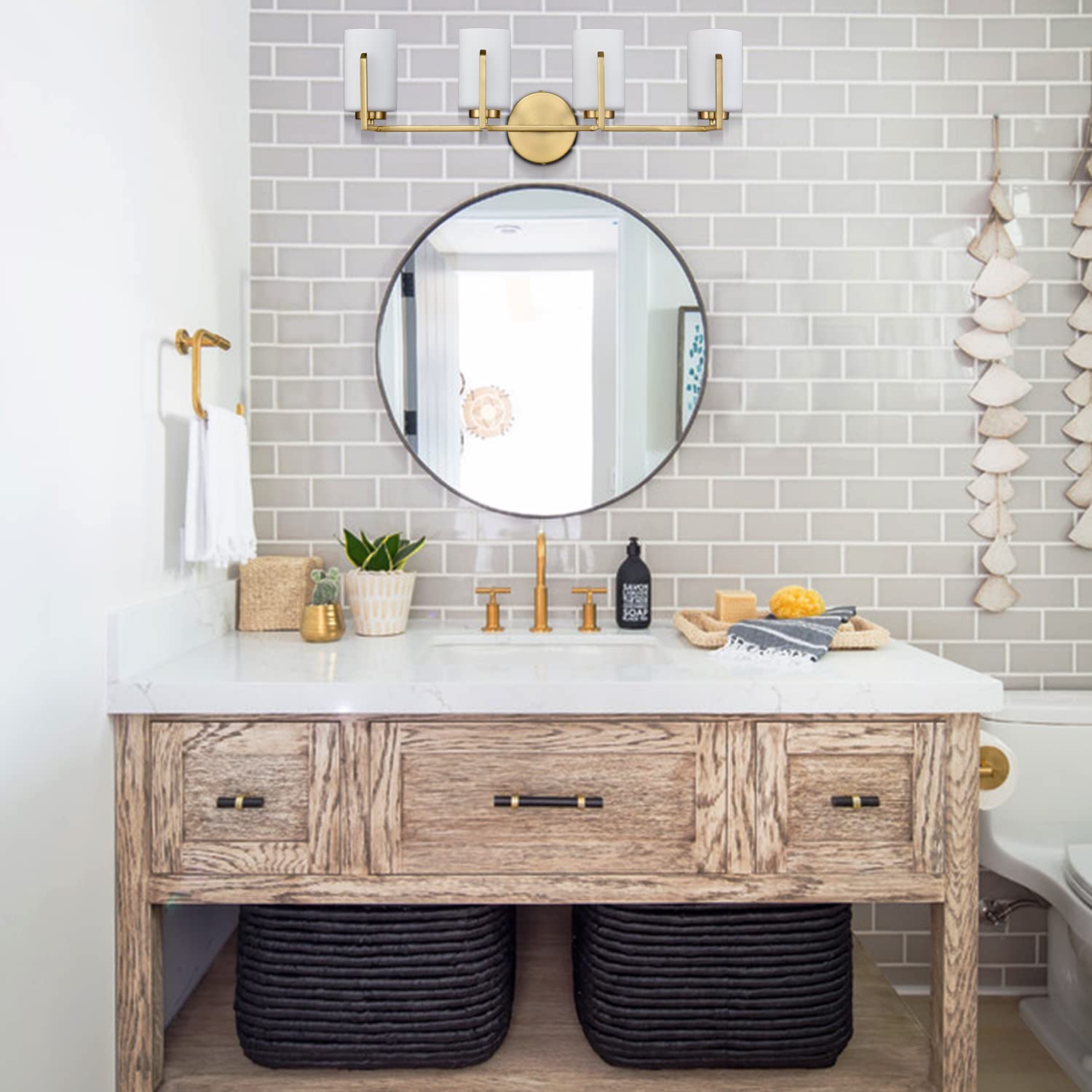 Farmhouse Gold Vanity Light - 4-Light Bathroom Mirror Lighting Fixture with Opal Glass Cylinders for Modern & Rustic Decor | Perfect for Bathroom, Powder Room & Dressing Area