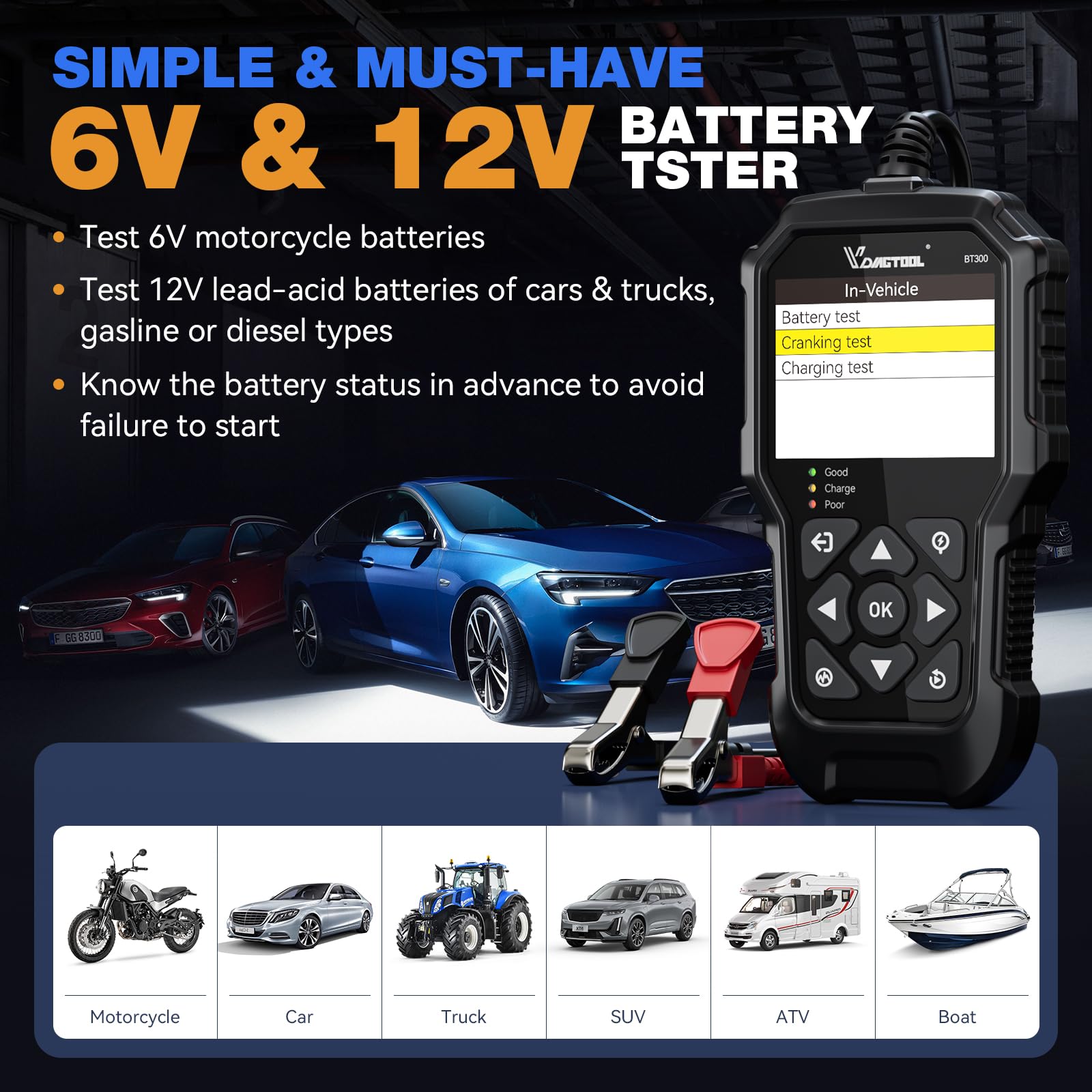 VDIAGTOOL BT300 Professional Car Battery Tester - 6V/12V Automotive Battery Load Tester with 5-3000 CCA Range | Starter & Alternator Diagnostic Tool for Cars, Trucks, SUVs, Motorcycles, ATVs & Boats | Perfect for Home Mechanics & Auto Repair Shops
