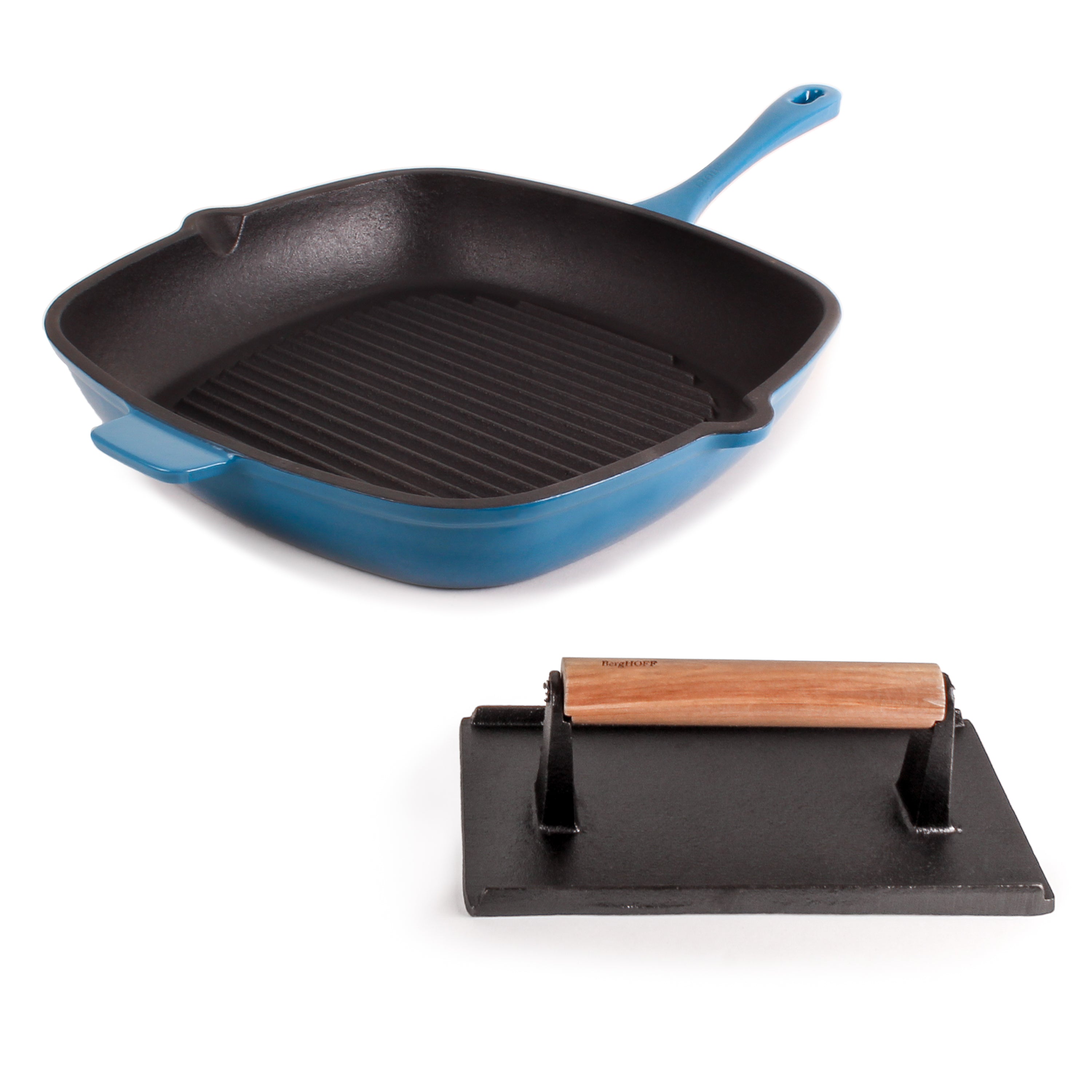 BergHOFF Neo 2-Piece Cast Iron Grill Pan Set with Steak Press - 11 Inch Blue Griddle Pan for Stovetop & Oven Use - Perfect for Grilling Steaks, Burgers & Vegetables at Home