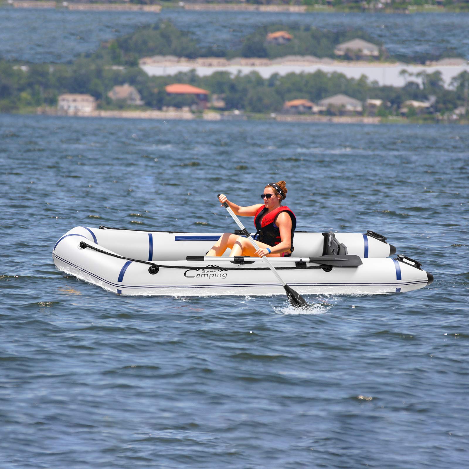 10ft Inflatable Fishing Boat Set with Hard Inner Bottom Floor & 3 Separate Air Chambers - Heavy Duty PVC Material for Lakes, Rivers & Coastal Waters - Perfect for Fishing, Camping and Water Sports