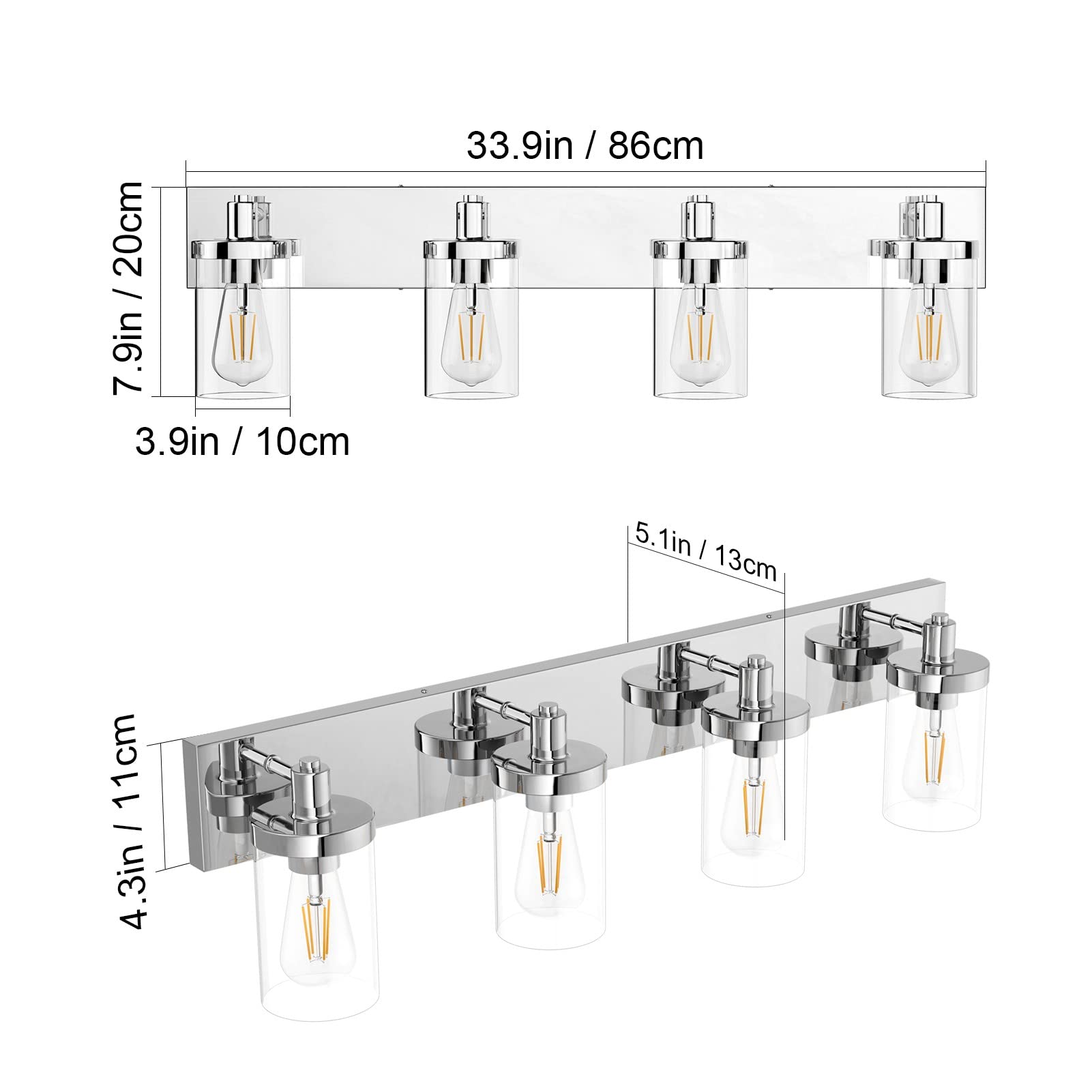 Farmhouse 4-Light Chrome Bathroom Vanity Lighting Fixture with Clear Glass Shade - Modern Rustic Vanity Light for Bathroom, Powder Room & Dressing Area (Bulbs Not Included)