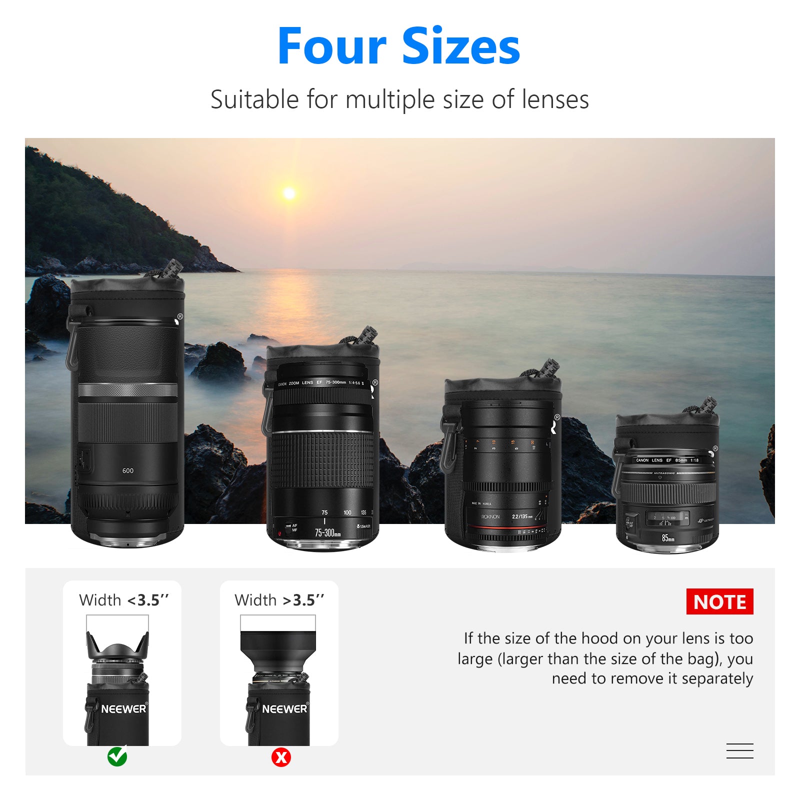 NEEWER 4 Pack Camera Lens Pouch Case - Waterproof Protective Storage Bag for DSLR SLR Lenses (Black) - Perfect for Travel, Photography & Equipment Organization