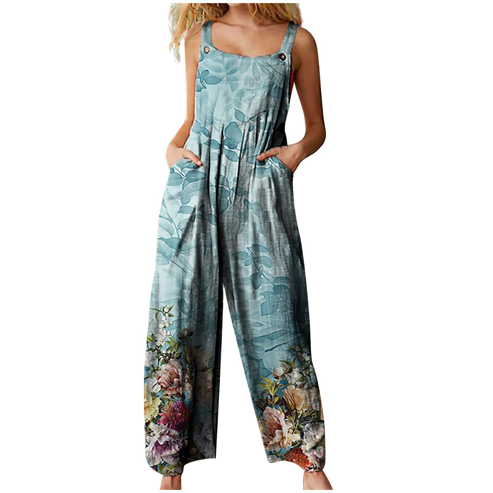 Boho Overalls for Women - Floral Print Tie Dye Sleeveless Jumpsuit Romper with Wide Leg Harem Pants | Summer Casual Outfit, Beach Wear, Festival Fashion, Vacation Style