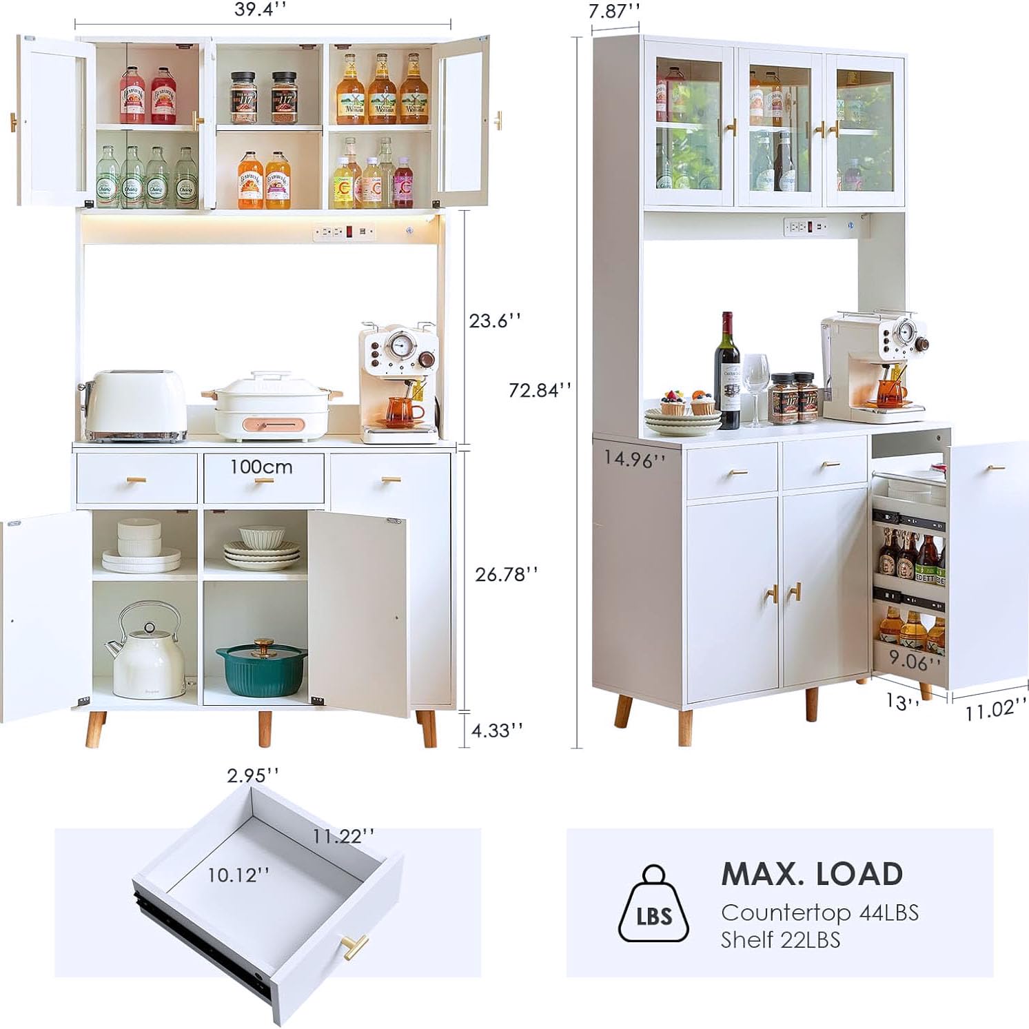 Modern White Kitchen Pantry Storage Cabinet with Hutch - Buffet Cabinet with LED Light, Charging Station & Microwave Stand - Tall Cupboard for Dining Room & Kitchen Organization - Perfect for Small Spaces & Open Shelving Display