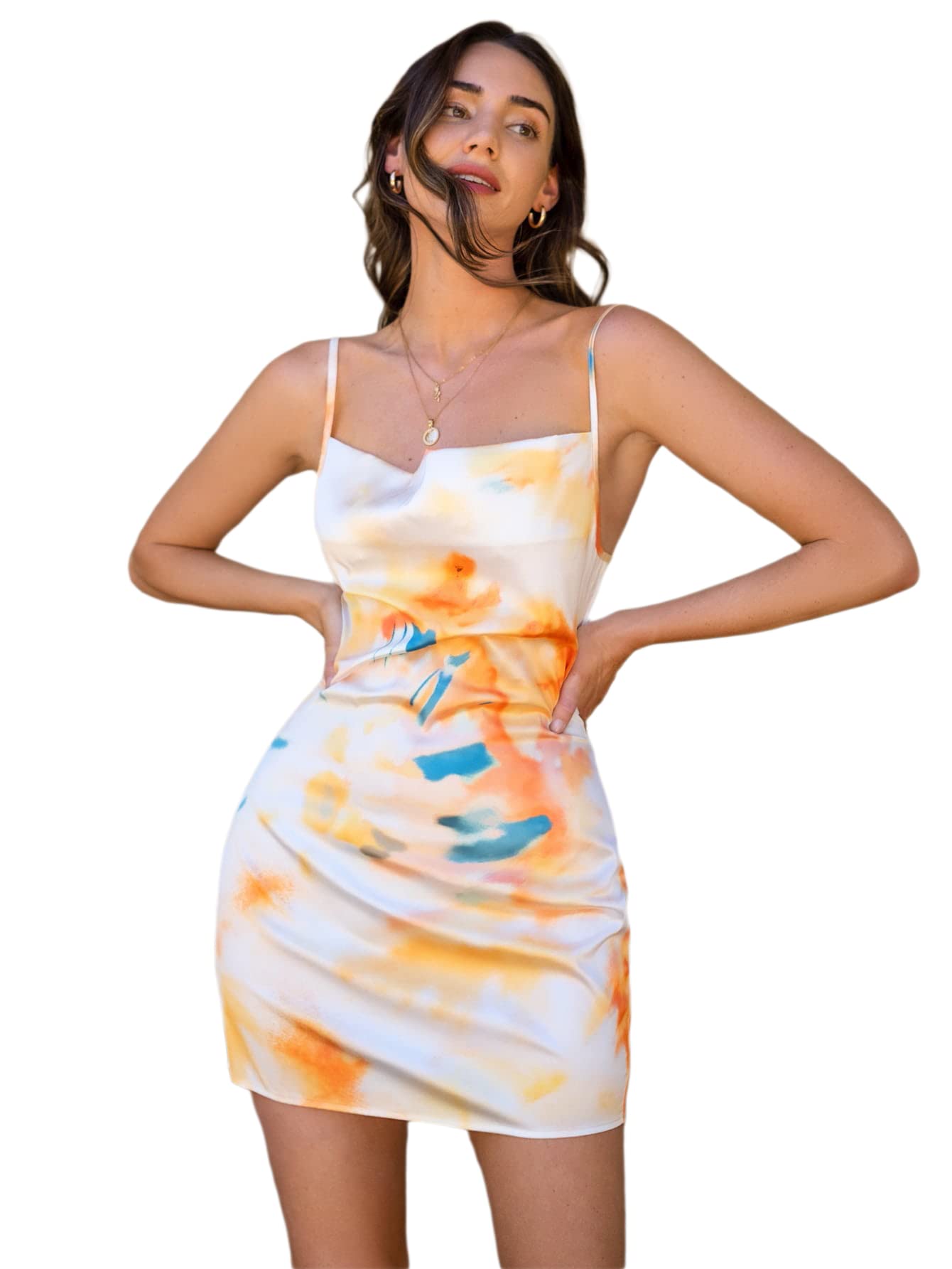 SheIn Women's Tie Dye Satin Mini Dress - Sleeveless Strappy Zipper Short Cami Dresses for Summer, Party & Night Out | Sexy Casual Clubwear & Beach Vacation Outfit