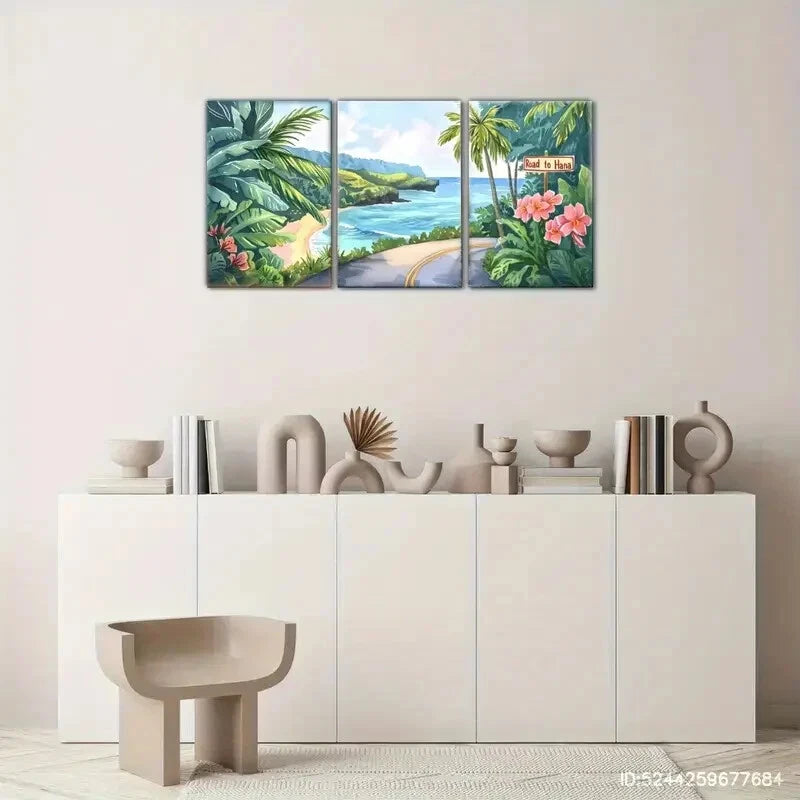 3-Piece Tropical Island Metal Wall Art - Maui Landscape Print Set - Ready to Hang Home Decor for Beach House, Living Room & Office