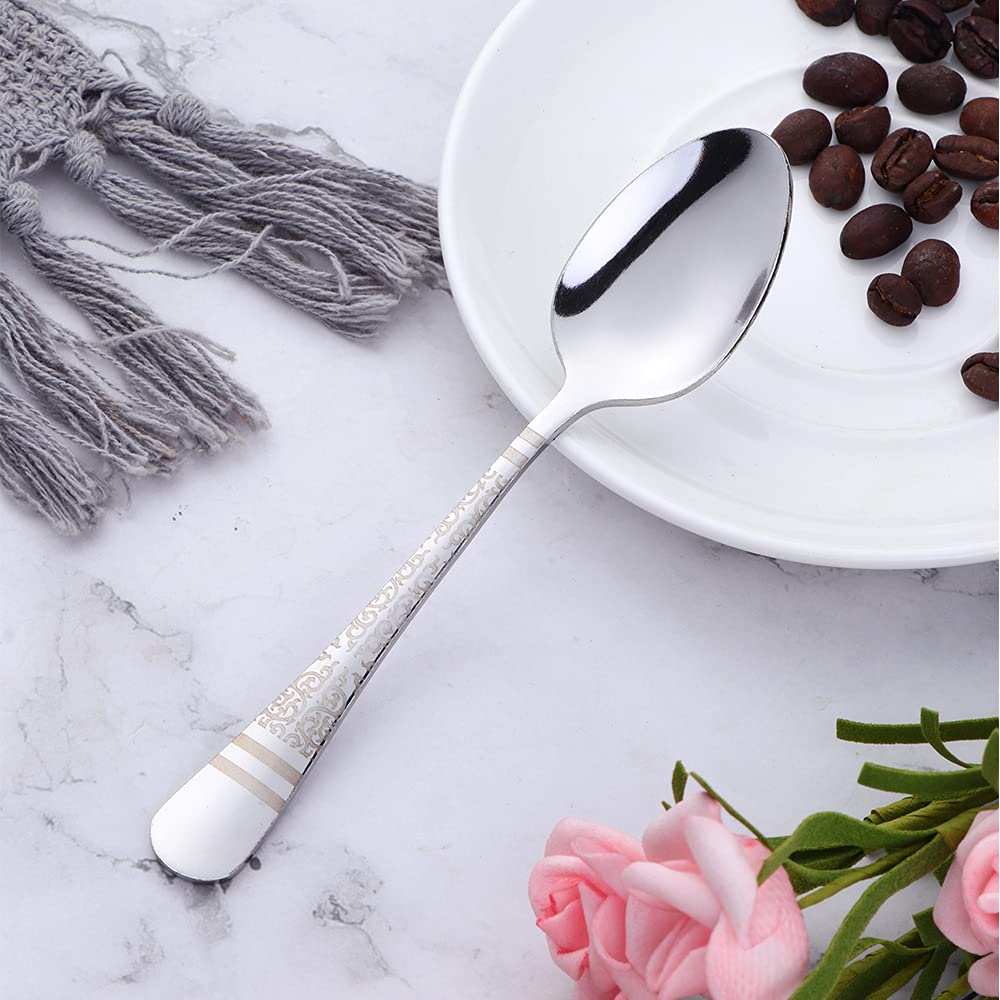 Premium Stainless Steel Espresso Spoons Set of 6 - Elegant Silver Unique Pattern Design, 5.5 Inch Mini Dessert Teaspoons for Coffee, Tea, Demitasse & Afternoon Tea Parties - Perfect for Home, Cafe & Restaurant Use