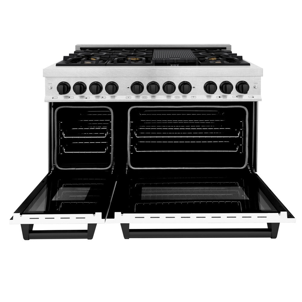 ZLINE Autograph Edition 48-inch Dual Fuel Range - 6.0 cu. ft. Capacity, 7-Burner Gas Cooktop & 2 Electric Ovens - Satin Stainless Steel with White Matte Doors & Matte Black Accents (RASZ WM 48 MB) - Perfect for Gourmet Kitchens & Professional Home Chefs