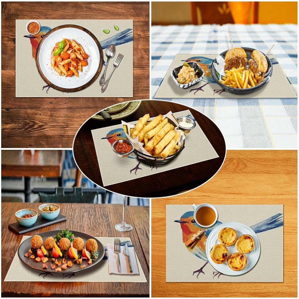 Yellow Floral Bird Placemats Set of 4 - 18x12 Inch Washable Linen Burlap Table Mats with Heat Insulation for Dining & Kitchen - Elegant Double-Layer Floral Table Decor for Home, Parties & Outdoor Dining