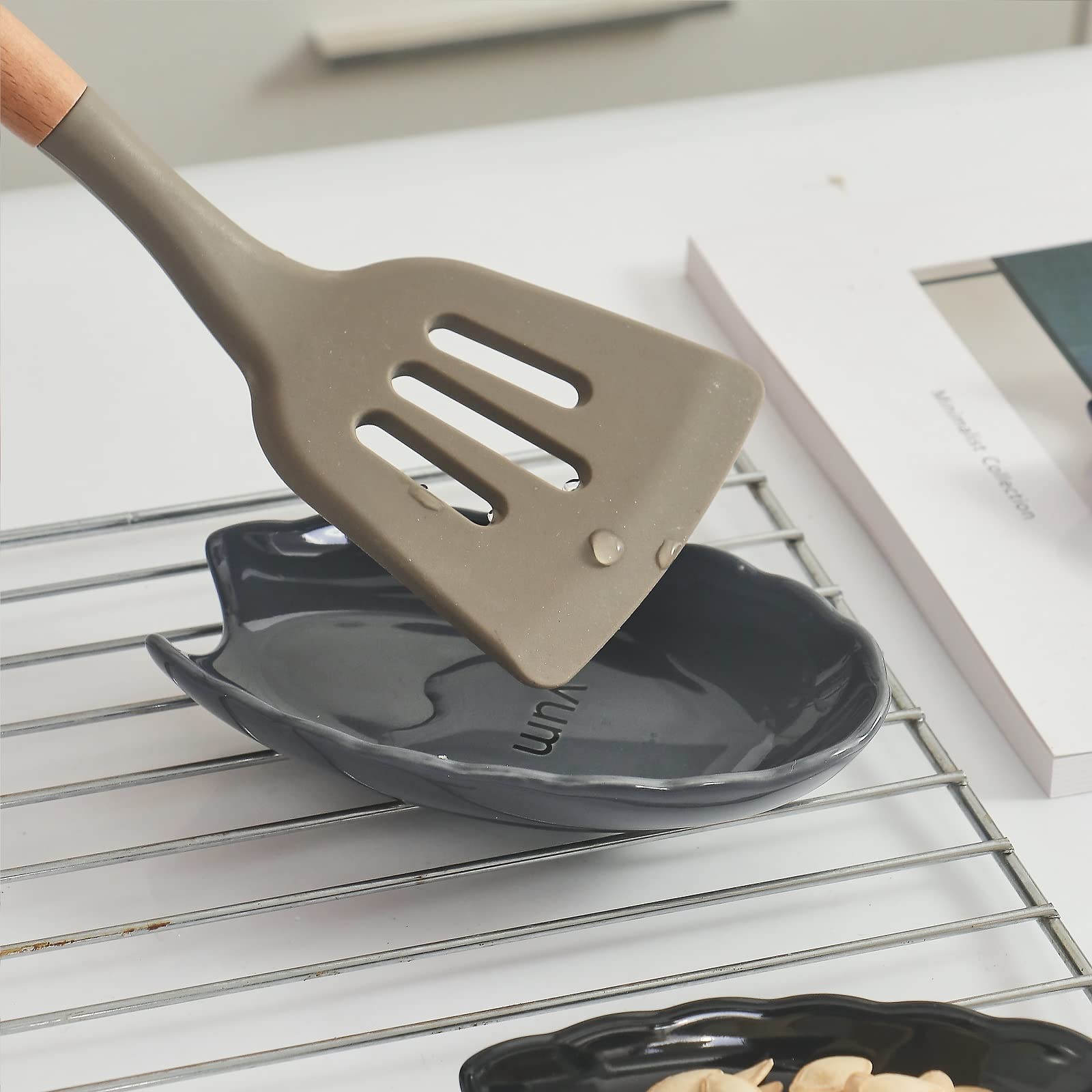 4-Piece Black Ceramic Spoon Rest Set for Kitchen Counter & Stove Top - Perfect for Holding Spoons, Spatulas & Ladles - Durable Kitchen Utensil Holder Accessory for Cooking & Serving
