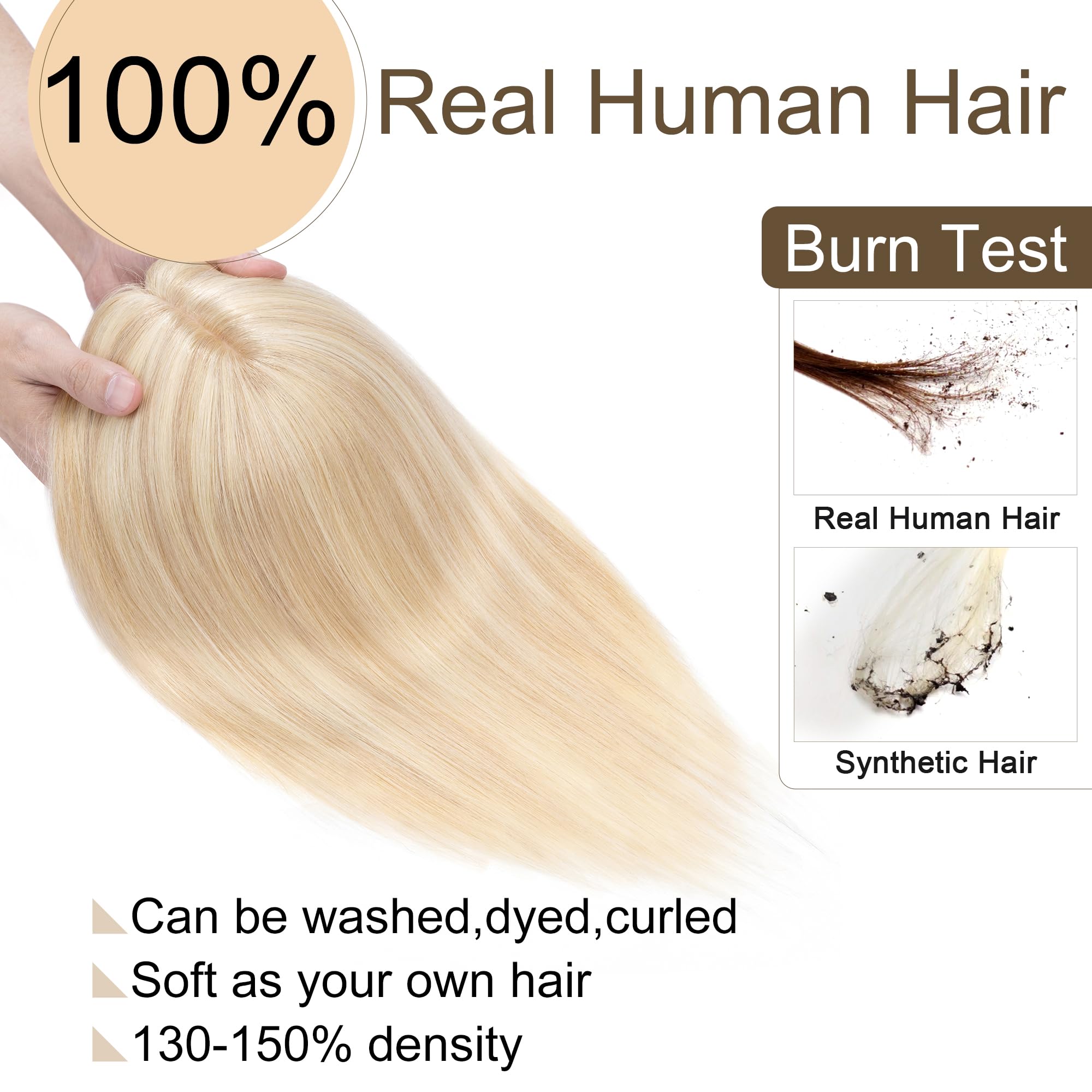 SEGO Real Human Hair Toppers for Women - No Bangs, 130% Density, 10x12cm Silk Base, 100% Remy Human Hair Clip-in Top Wiglet for Thinning Hair (10 Inch, Ash Blonde & Bleach Blonde) - Perfect for Daily Wear, Parties & Special Occasions