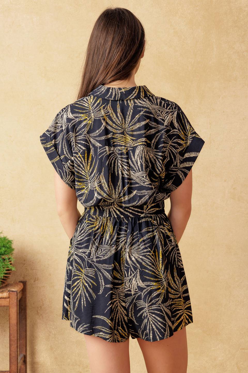 NOLA Black Leaf Print Romper - Women's Floral Jumpsuit for Summer, Beach, and Casual Outings