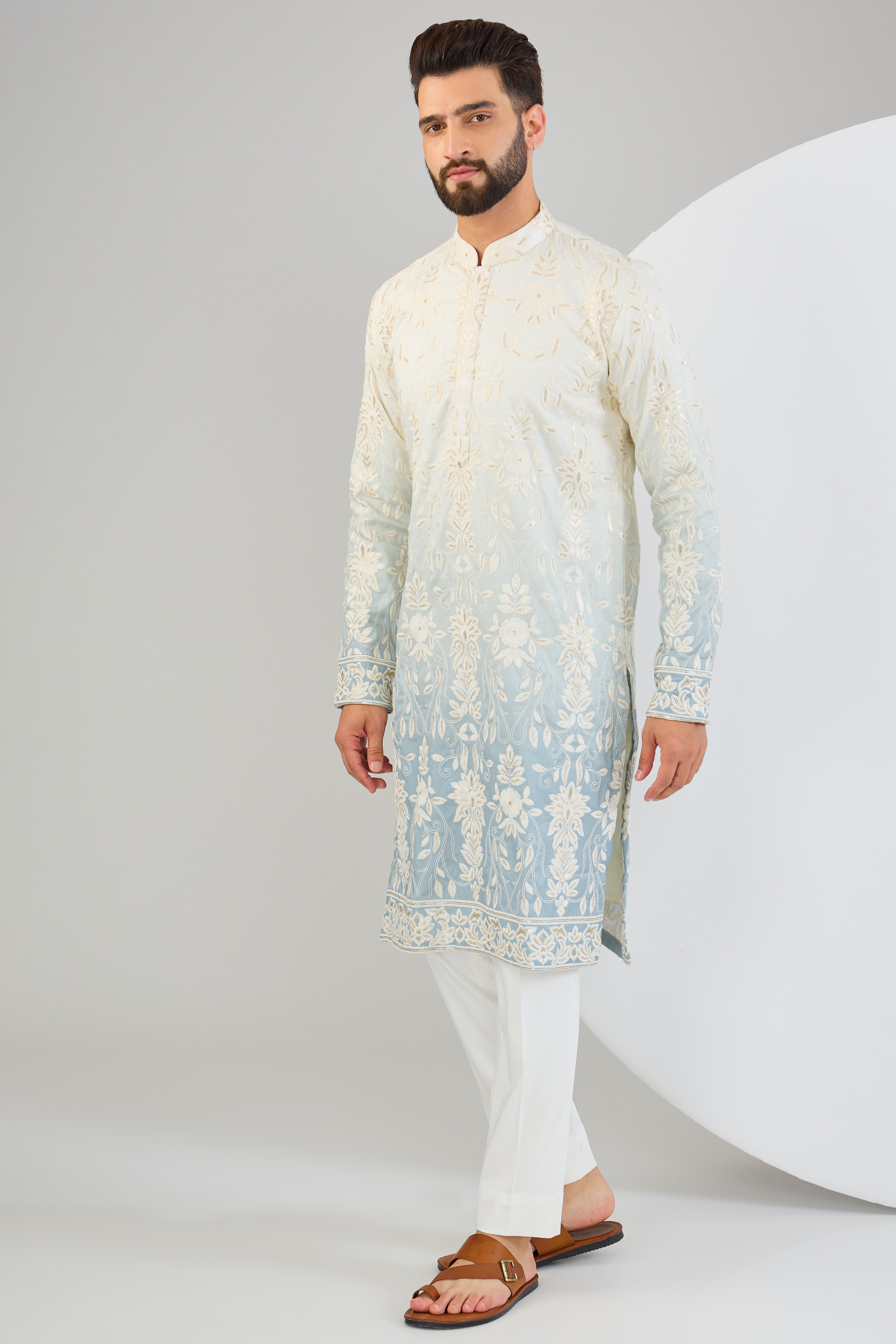 Elegant Ombre Chikankari Kurta with Intricate Sequin & Thread Embroidery - Perfect for Festivals, Weddings & Ethnic Occasions