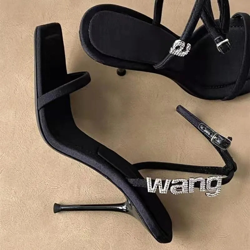 Sexy Black High Heel Sandals for Women - One Strap Buckle Summer Diamond Letter Square Heels - Perfect for Parties, Weddings & Date Nights