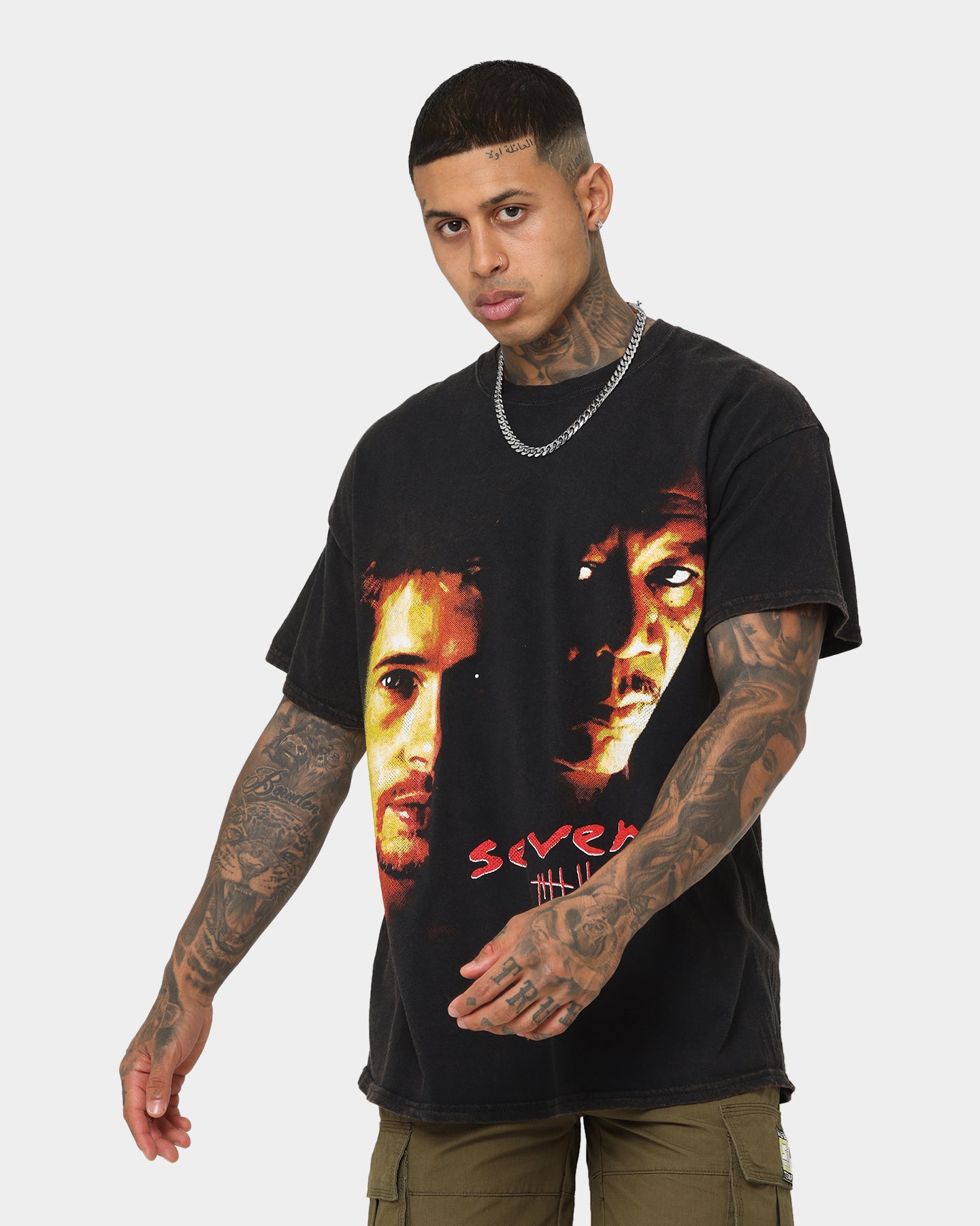 Vintage Seven Seven Graphic T-Shirt - Black Wash Distressed Cotton Tee for Men & Women | Retro Streetwear, Casual Outfit, Unisex Fashion
