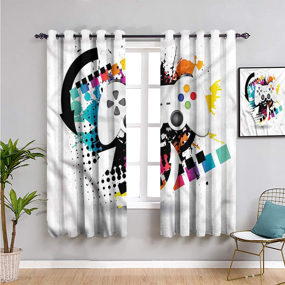 QIAOQIAOLO Premium Blackout Gaming Curtains 63x72 Inch - Colorful Splashes Halftone Design for UV Protection & Furniture Care | Perfect for Gamers, Home Theater & Bedroom Light Blocking