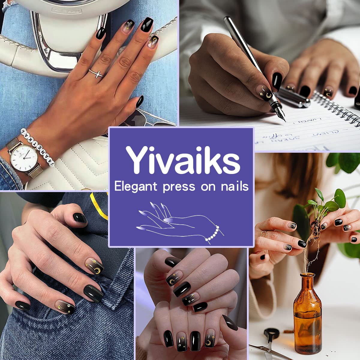 Yivaiks Black Press on Nails Short - Gothic Fake Nails with Glue, Gradient Star & Moon Design, Square False Nails for Women & Girls (24pcs) - Perfect for Halloween, Cosplay, Parties & Everyday Gothic Style