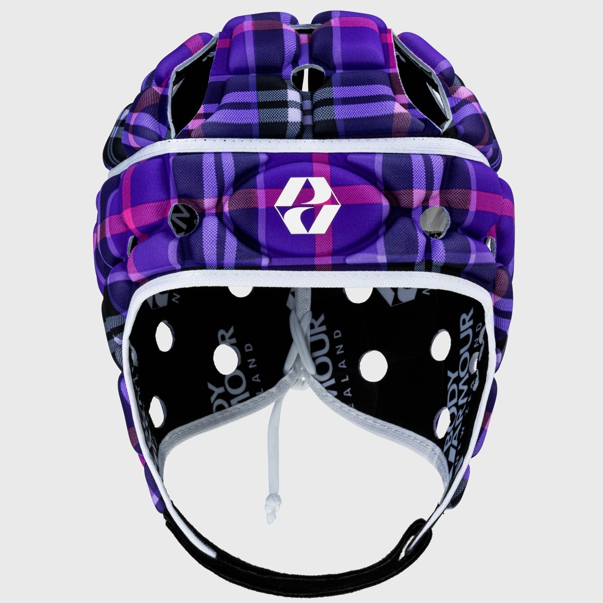 Kids Rugby Head Guard - Body Armour Ventilator Helmet in Purple Tartan for Youth Sports Safety | Perfect for Rugby, Football & Contact Sports Training