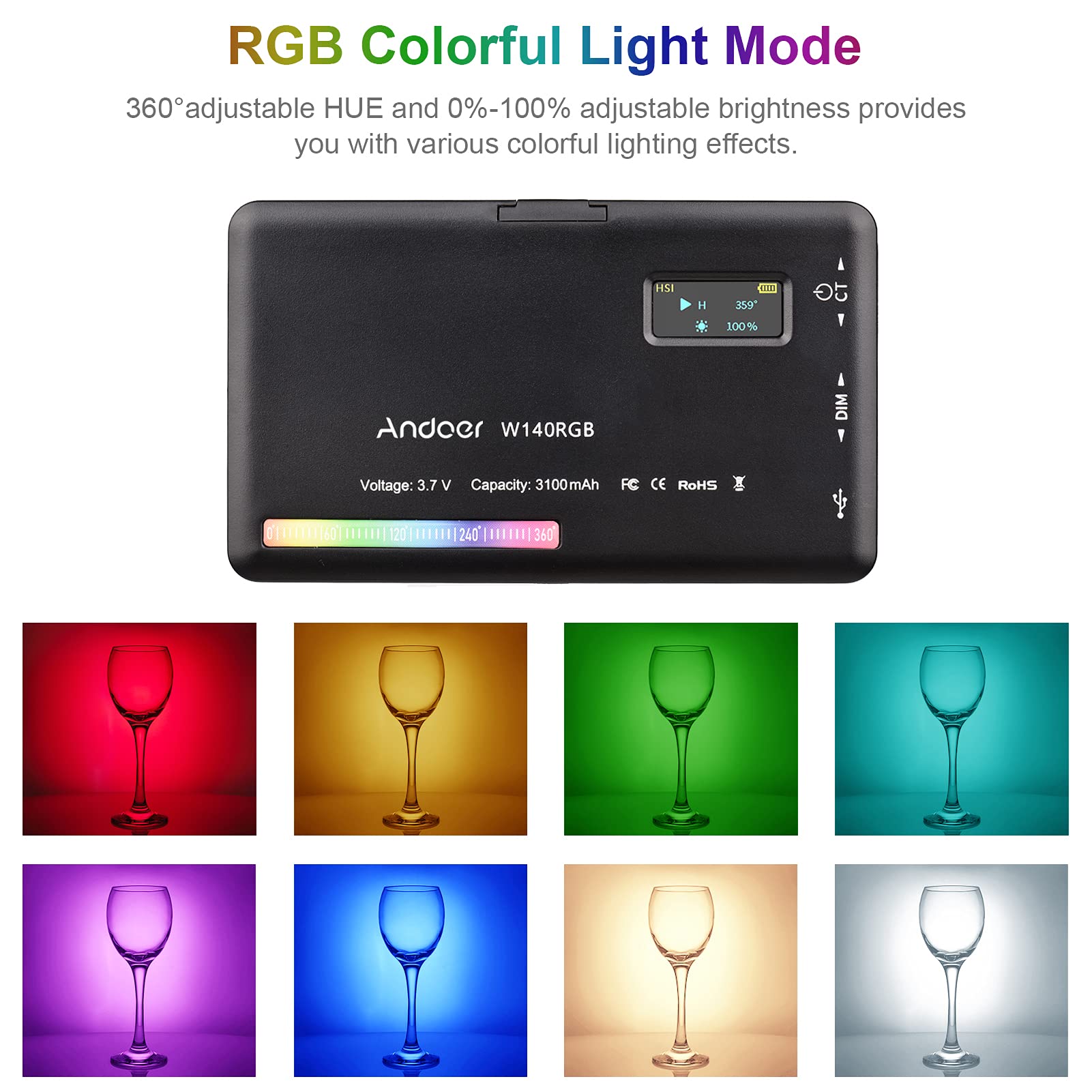 Andoer W140 RGB LED Video Light Kit - 2500K-9000K Dimmable CRI95+ Lighting with 20 Effects, Desktop Tripod & Phone Holder for Video Conference, YouTube Streaming, TikTok Videos & Photography