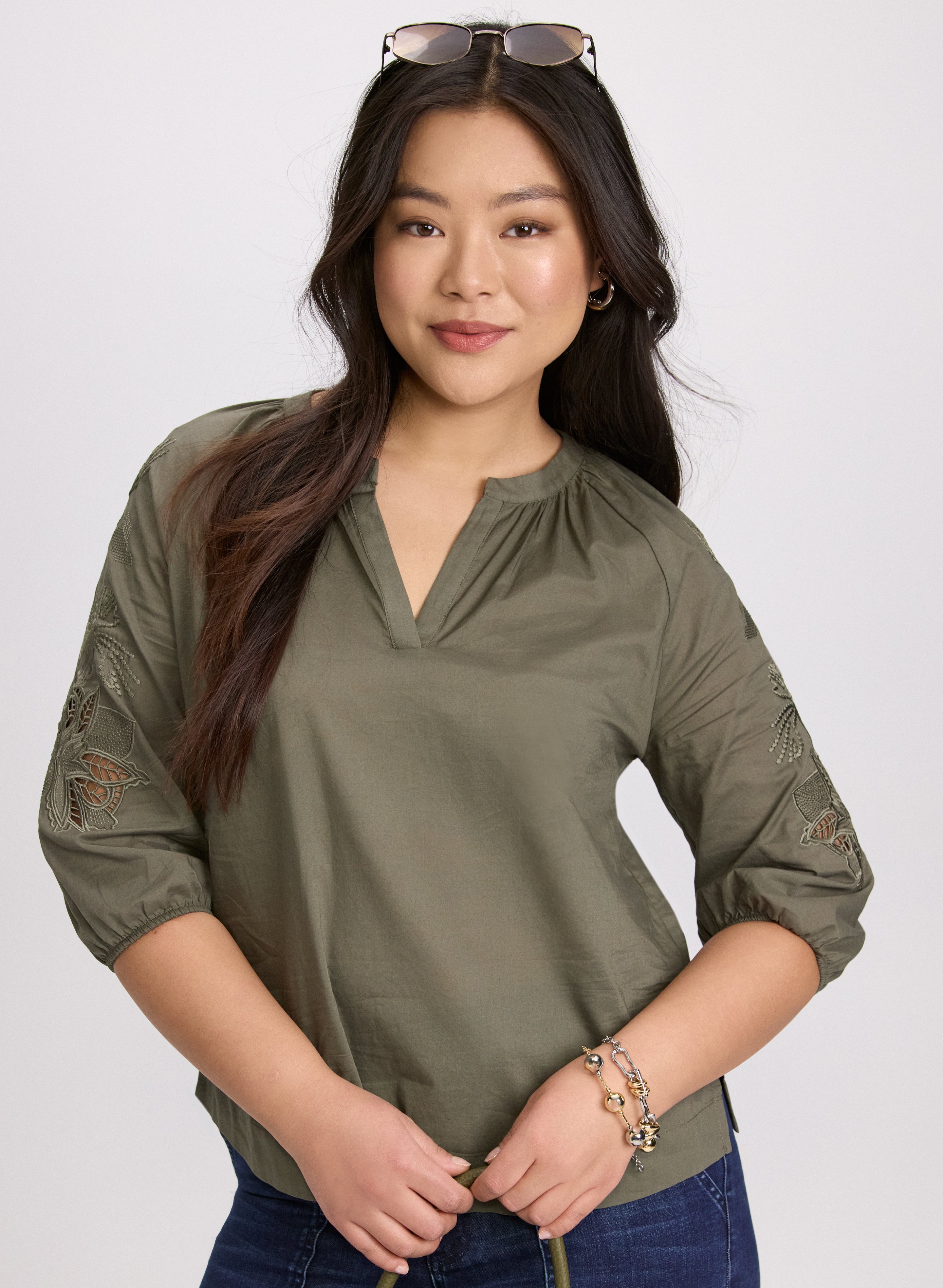 Embroidered 3/4 Sleeve Blouse for Women - Floral Lace Tops Casual Office Wear & Spring Summer Fashion