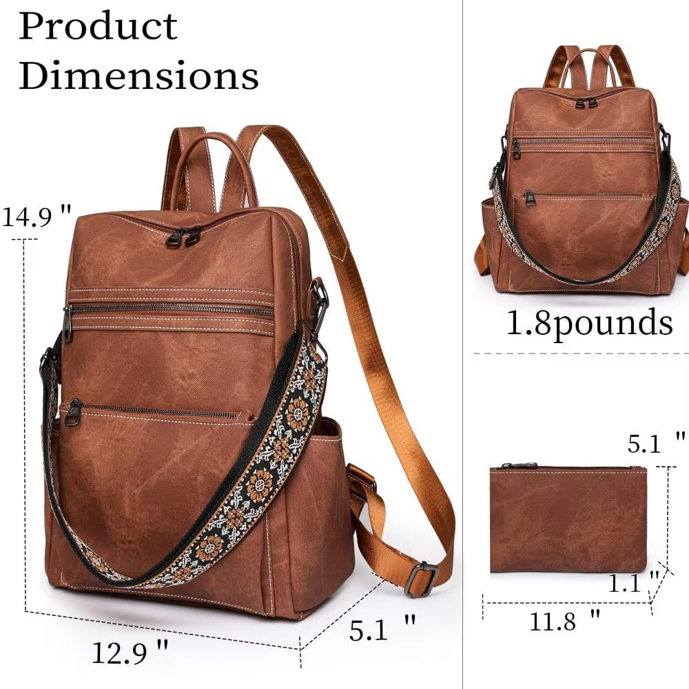 Stylish Vegan PU Leather Backpack for Women - Large Anti-Theft School & Travel Rucksack - Waterproof Shoulder Bag for Hiking, Work & Daily Commute - Fashionable Brown Handbag