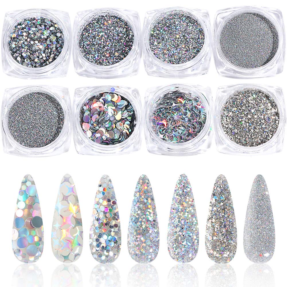 Holographic Nail Art Sequins Glitter Kit - 8 Boxes Metallic Shining Flakes for Nail Decoration | Silver & Rainbow Nail Glitter Powder Set | Perfect for Manicure, DIY Nail Art, and Professional Salon Use