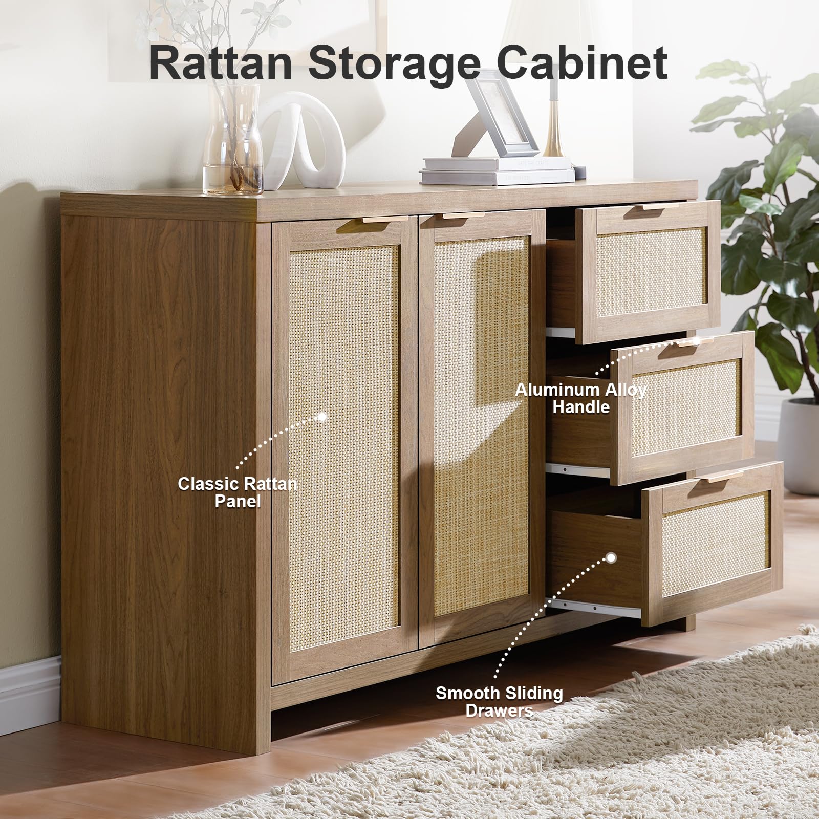 Hampstead 3-Drawer Rattan Storage Cabinet with 2 Doors & Adjustable Shelves - Sideboard Buffet Cabinet for Living Room, Dining Room & Bedroom Organization (Special Walnut Finish)