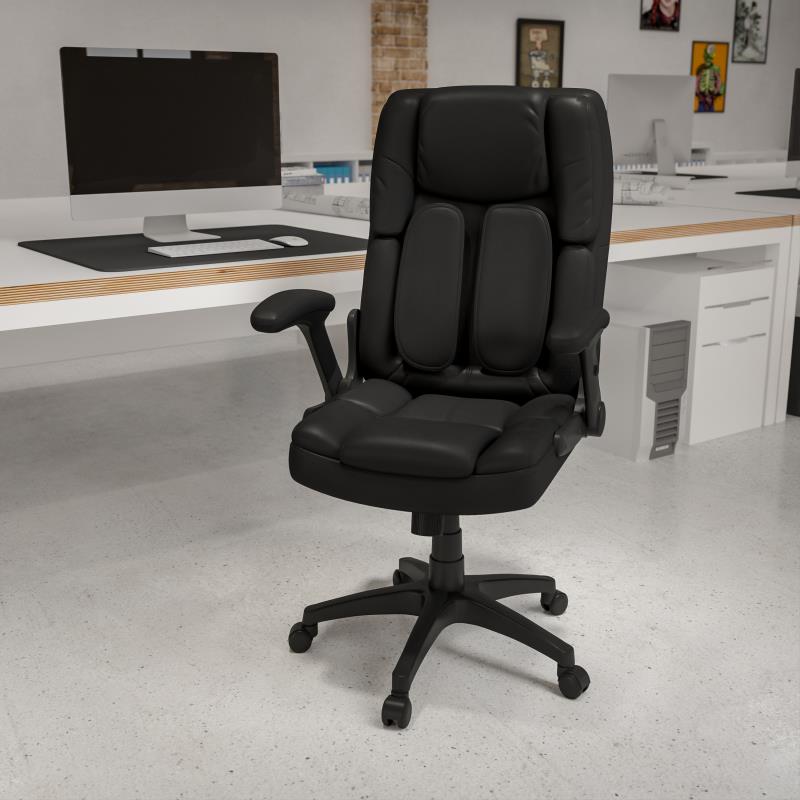 FLASH Hansel Extreme Comfort High Back Black LeatherSoft Executive Swivel Ergonomic Office Chair with Flip Up Arms - Premium Home & Office Seating for Long Work Hours