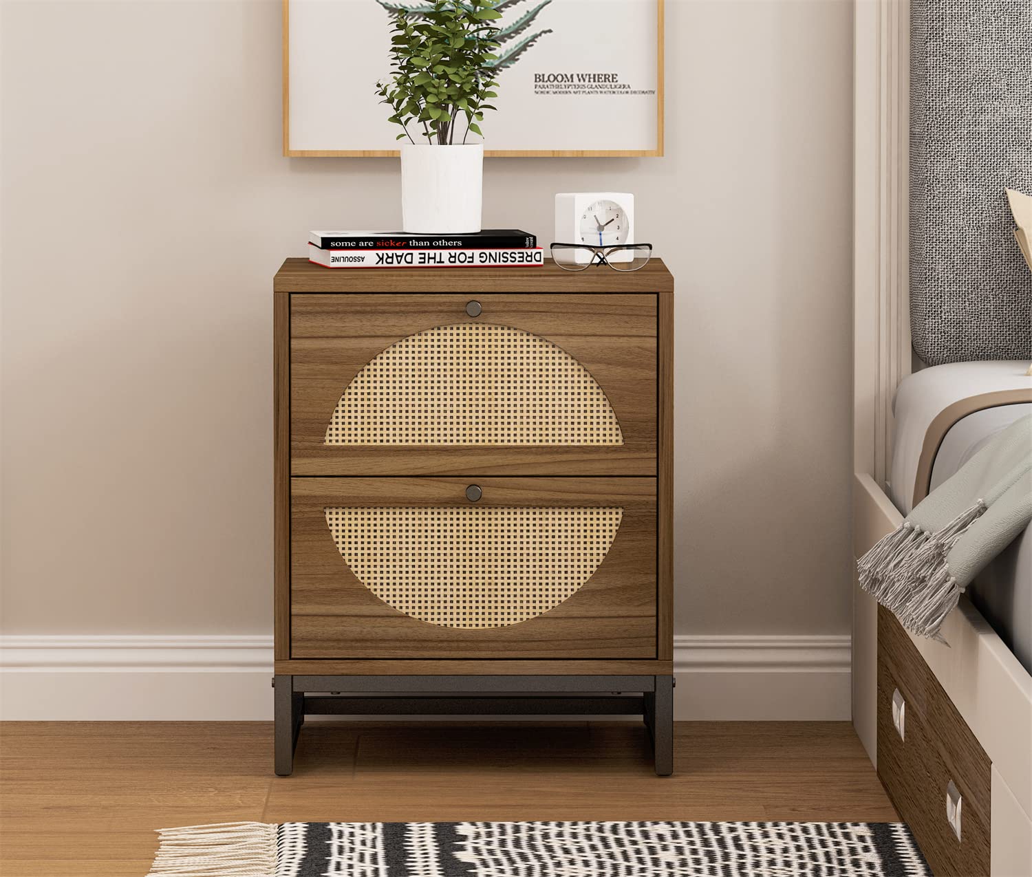 Modern Nightstand with 2 Handmade Rattan Drawers - Wood & Woven Rattan Accent Side Table with Metal Base - Storage End Table for Bedroom, Living Room, Dorm - Perfect for Holding Lamps, Books & Bedroom Essentials