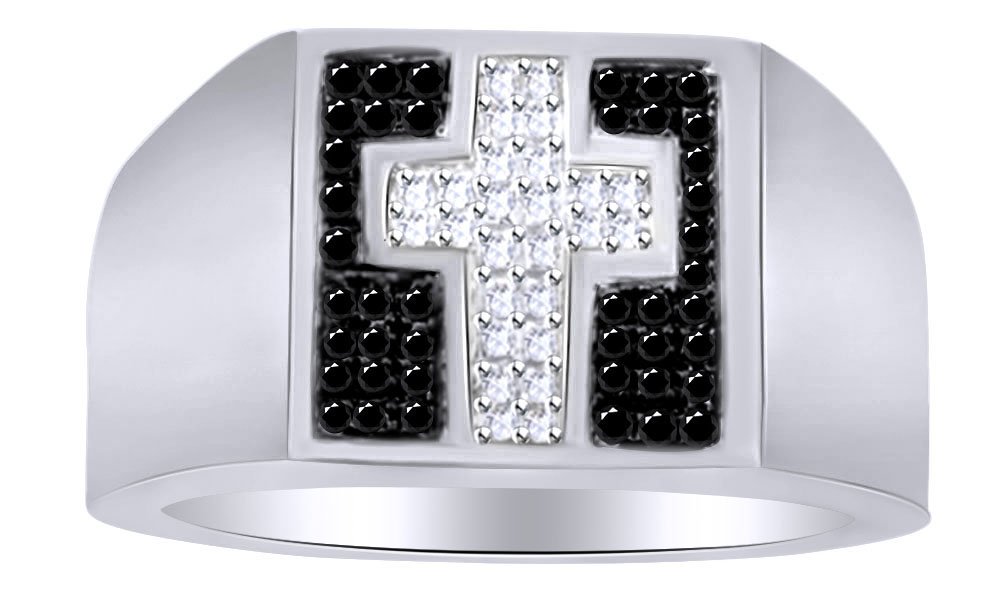 0.05 Ct Black & White Natural Diamond Cross Band Ring - Sterling Silver White Gold Plated Size 7 | Religious Jewelry, Gift for Baptism, Confirmation, Wedding & Everyday Elegance