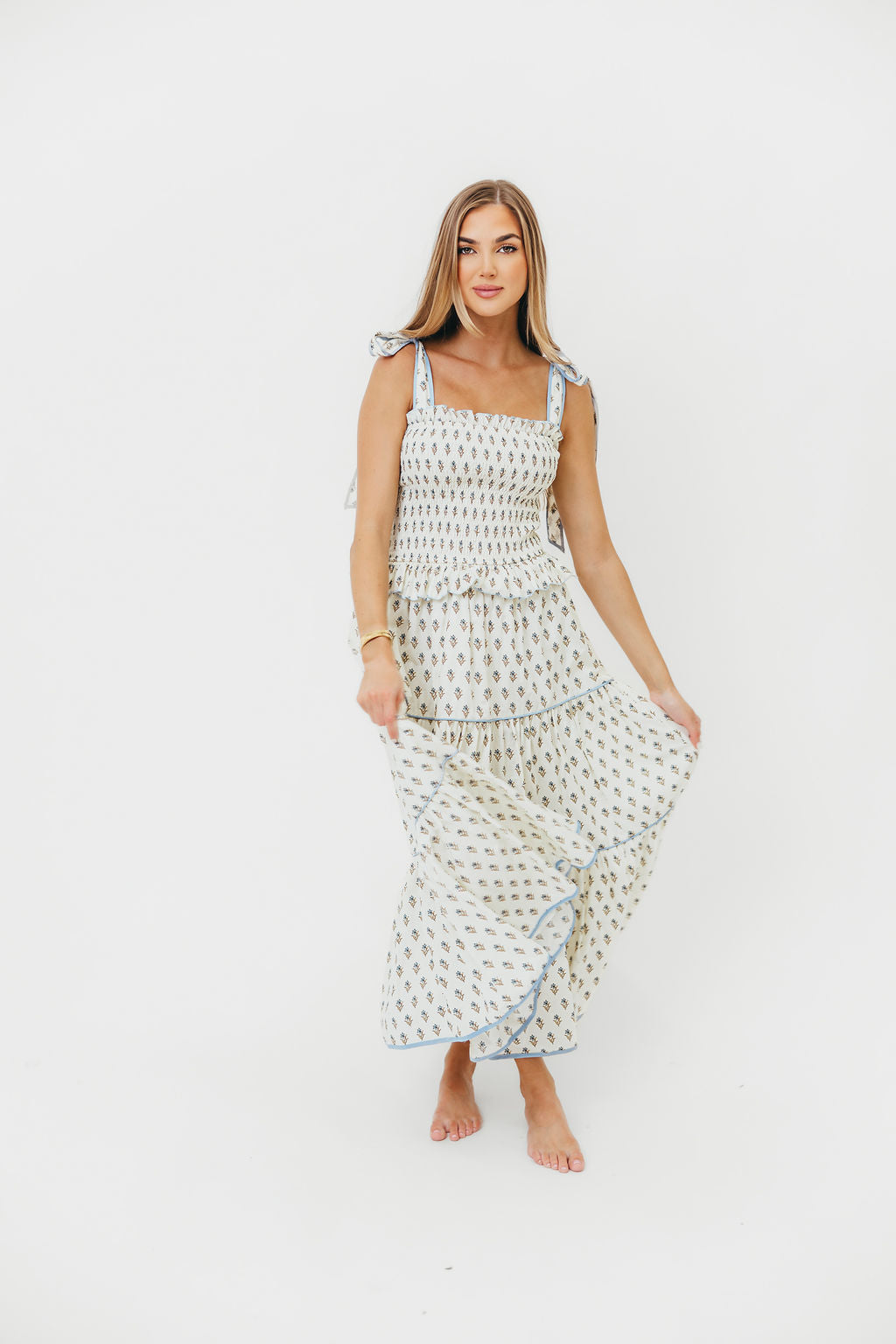 Calypso Floral Print Smocked Bodice Tiered Midi Dress in Cream | Women's Summer Boho Dress for Beach, Wedding & Vacation | Lightweight Flowy Dress with Elastic Waist