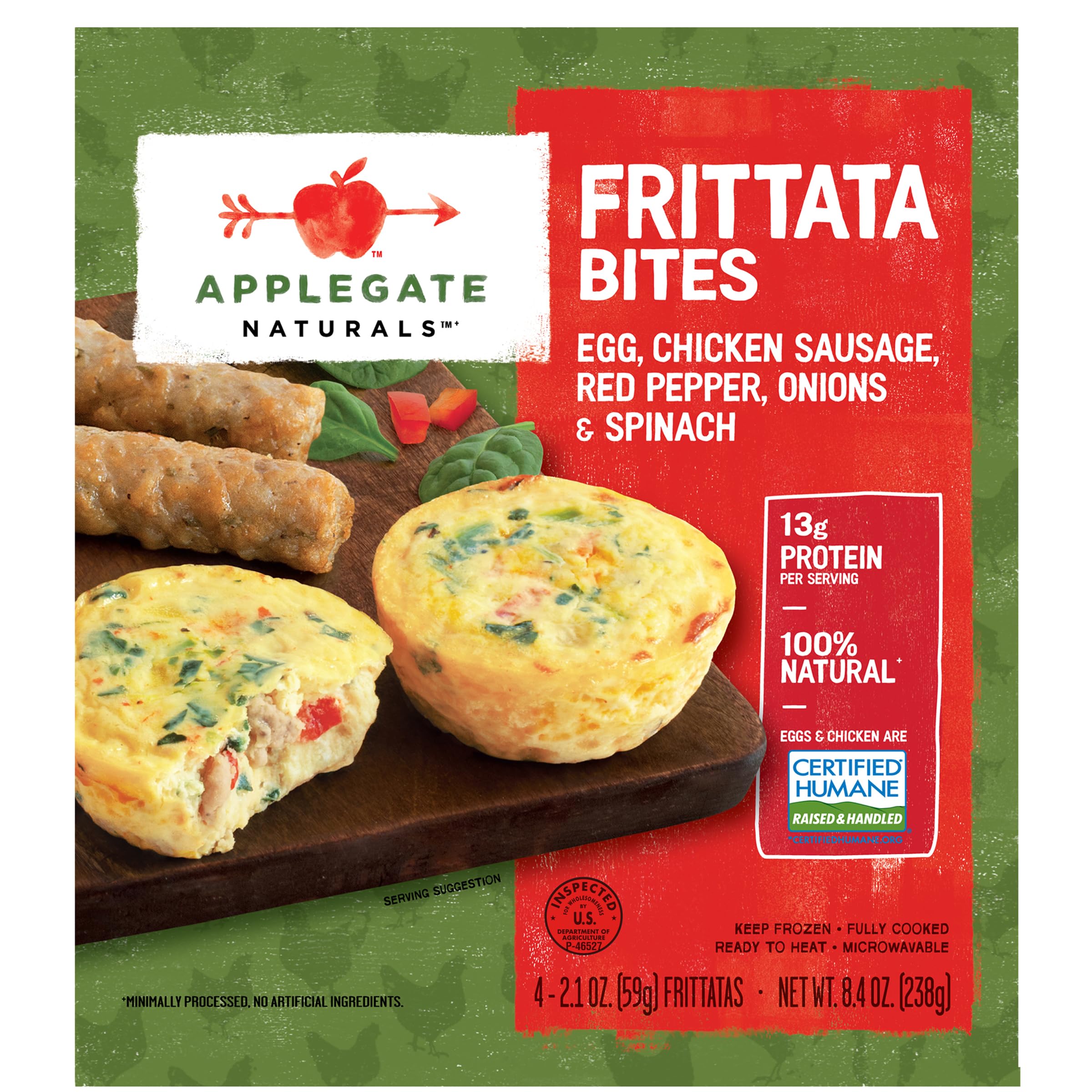 Applegate Farms Chicken Sausage with Red Pepper, Onions & Spinach Frittata Bites - 8.4 oz | Gluten-Free, Protein-Packed Snacks for Breakfast, Lunch or On-the-Go | Perfect for Keto, Paleo & Healthy Lifestyle