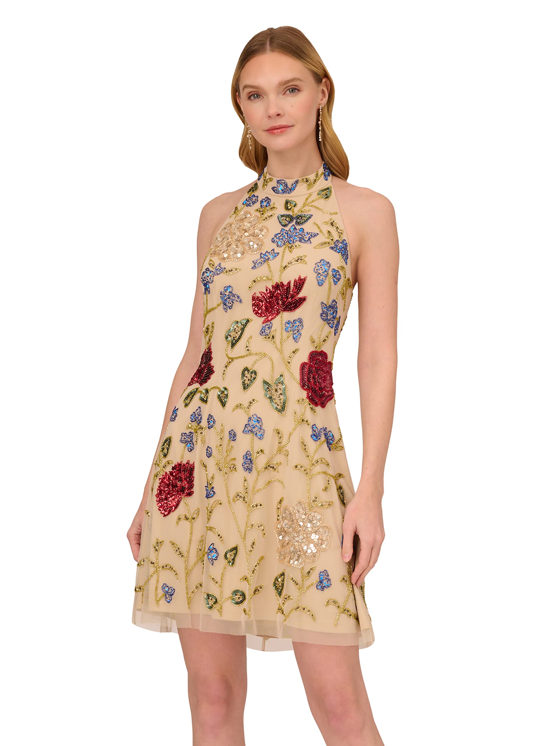 Adrianna Papell Women's Beaded Halter Dress - Elegant Formal Gown for Evening Parties, Weddings & Special Occasions