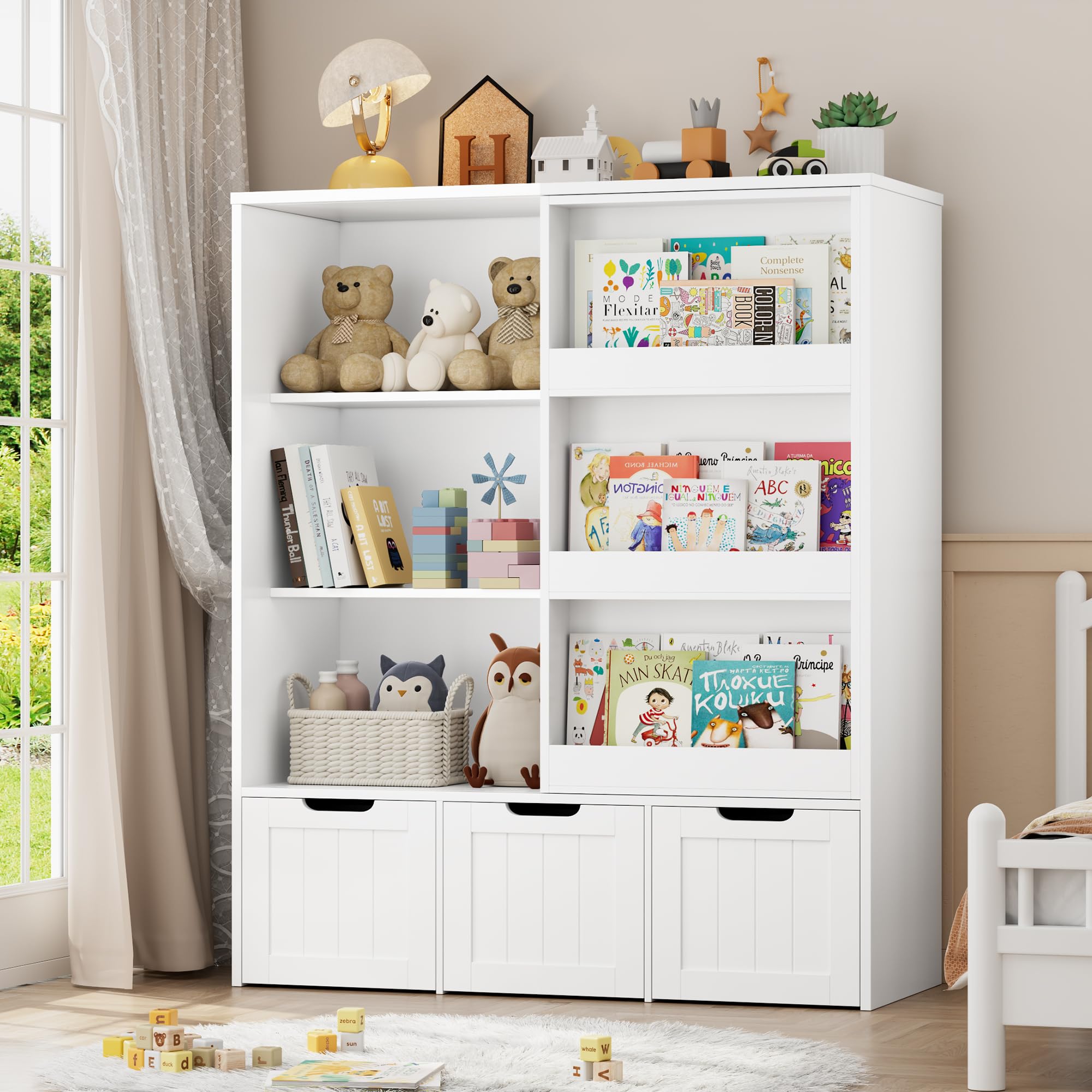 FOTOSOK Kids Toy Storage Organizer with Sliding Bookshelf - 3 Movable Drawers & 6 Storage Cubbies for Playroom, Bedroom Organization - Perfect for Storing Toys, Books, and Kids' Accessories
