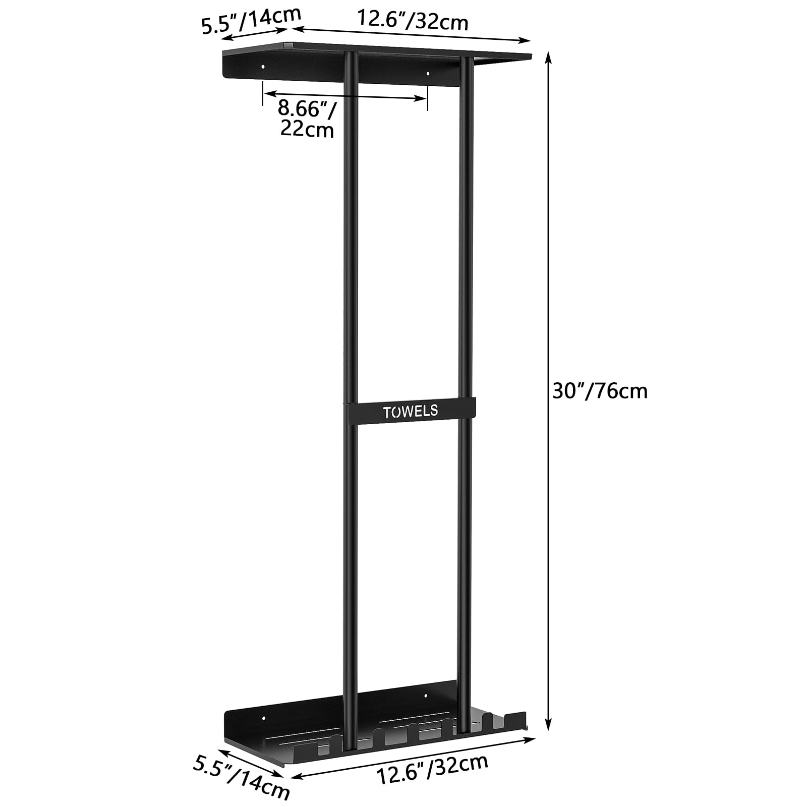 Sturdy 30-Inch Metal Towel Rack with Shelf & 5 Hooks - Wall Mounted Bathroom Storage Holder for 6 Large or Rolled Towels (Black) - Perfect for Spa, Guest Bathrooms & Laundry Rooms