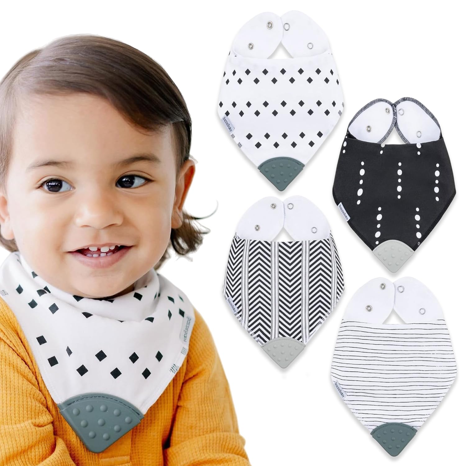 Bazzle Baby Bandana Teething Bibs 4-Pack – Soft Cotton Drool Bibs for Boys & Girls with Silicone Teether for Teething Relief, Adjustable & Absorbent Baby Bibs for Drooling (Gray & White) – Perfect for Feeding, Playtime & Daily Outfits