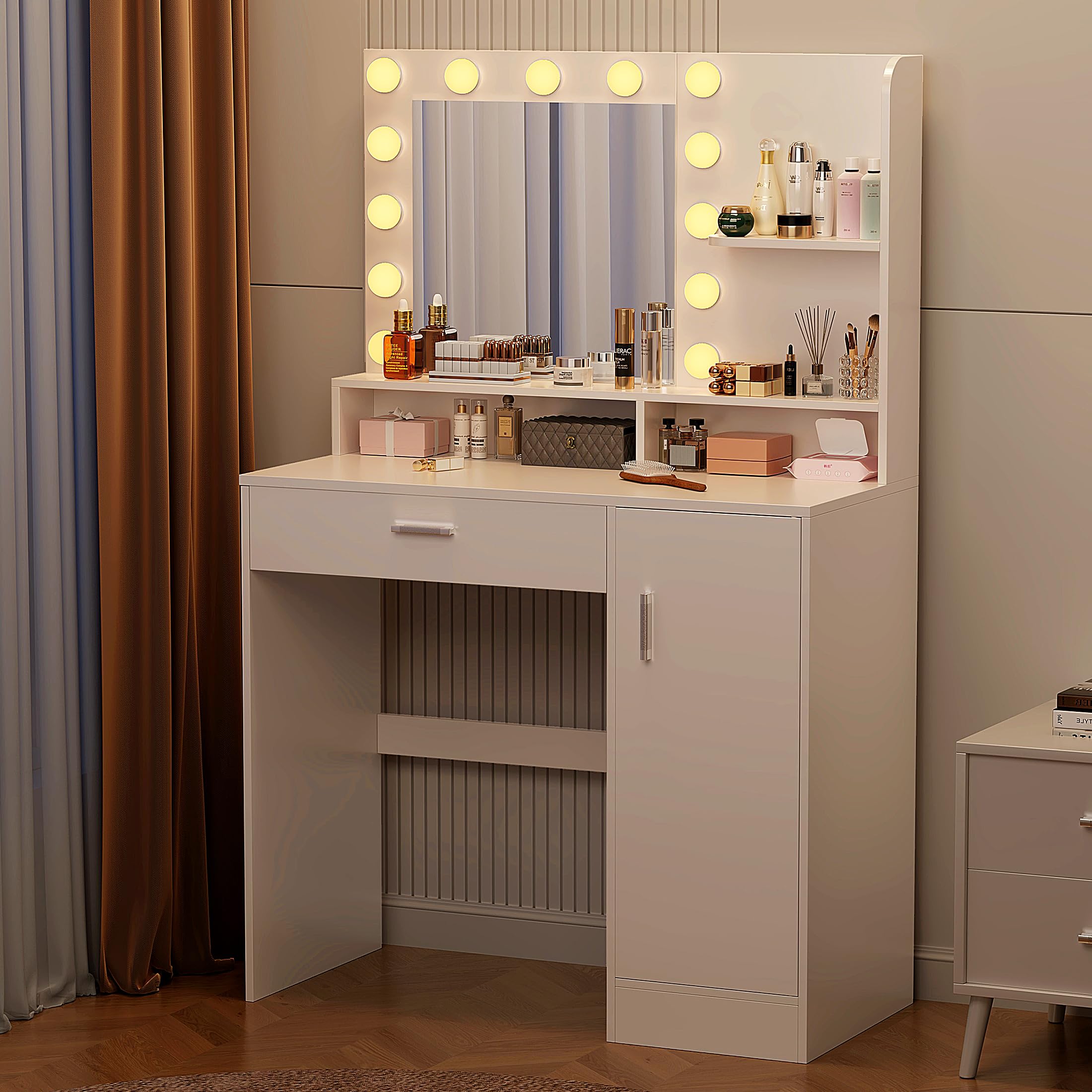 Vanity Desk with Mirror & LED Lights - White Makeup Dressing Table with Storage Drawers & Cabinet, 3 Lighting Modes & 10 Brightness Levels - Perfect for Bedroom, Dressing Room & Home Salon (Ideal for Makeup Application, Skincare Routine & Beauty Organization)