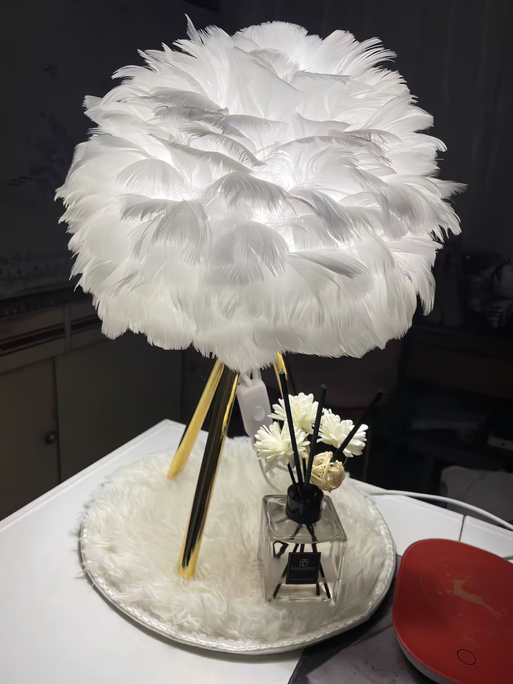 Elegant Goose Feather Table Lamp - Soft Warm White Light for Bedroom, Living Room & Office Decor - Perfect for Cozy Nights & Relaxing Ambience