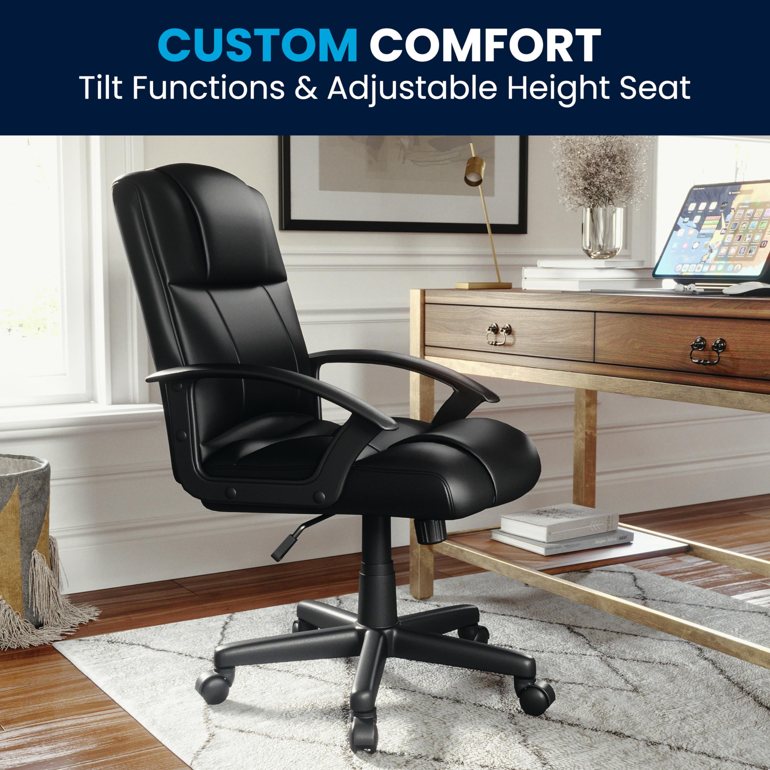 Ergonomic Mid-Back Black Leather Office Chair with Soft Padded Seat & Adjustable Arms - Perfect for Home Office, Gaming & Workspace Comfort