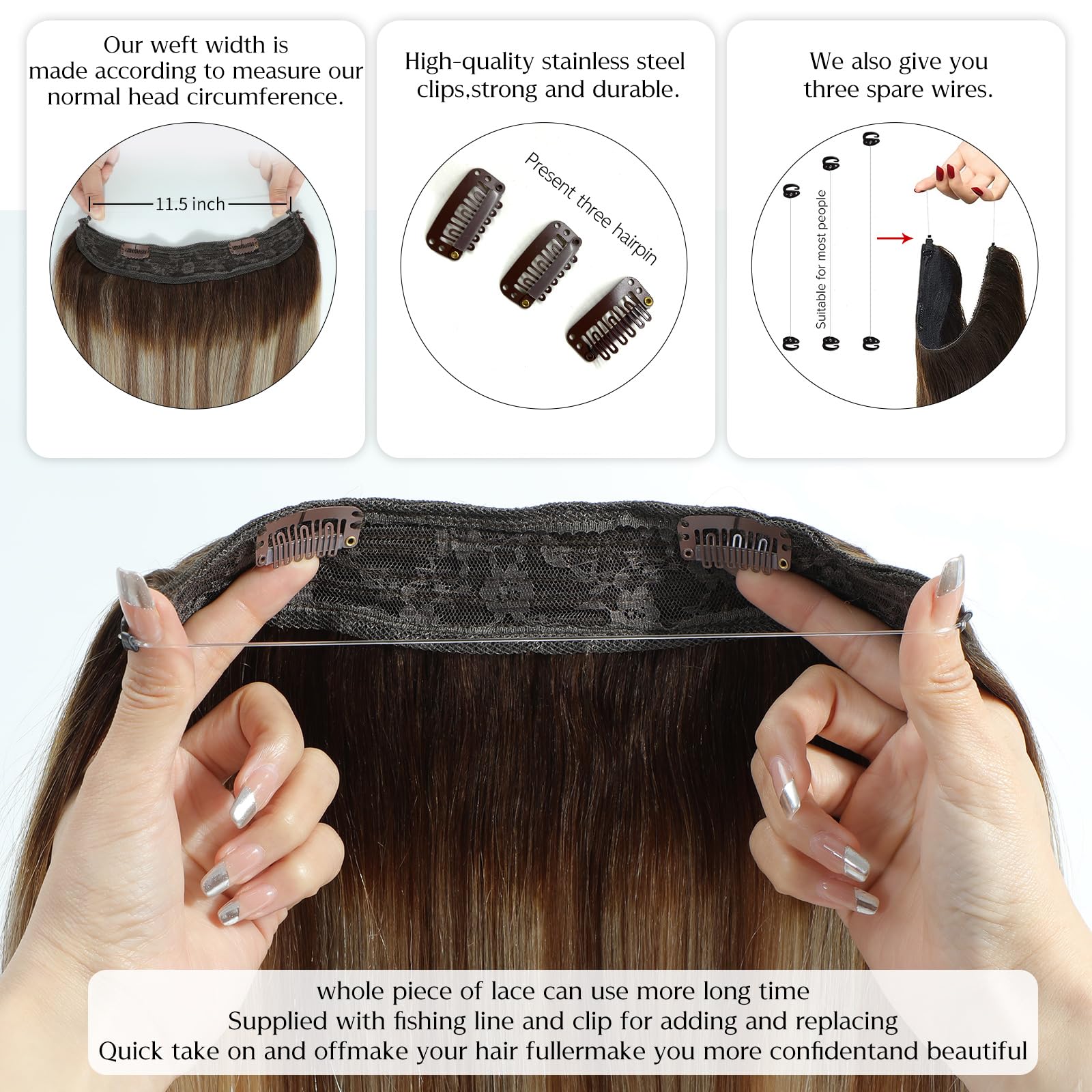 12 Inch Chocolate Brown to Light Brown Blonde Straight Real Human Hair Extensions with Invisible Fish Line Wire - Perfect for Daily Wear, Parties & Special Occasions