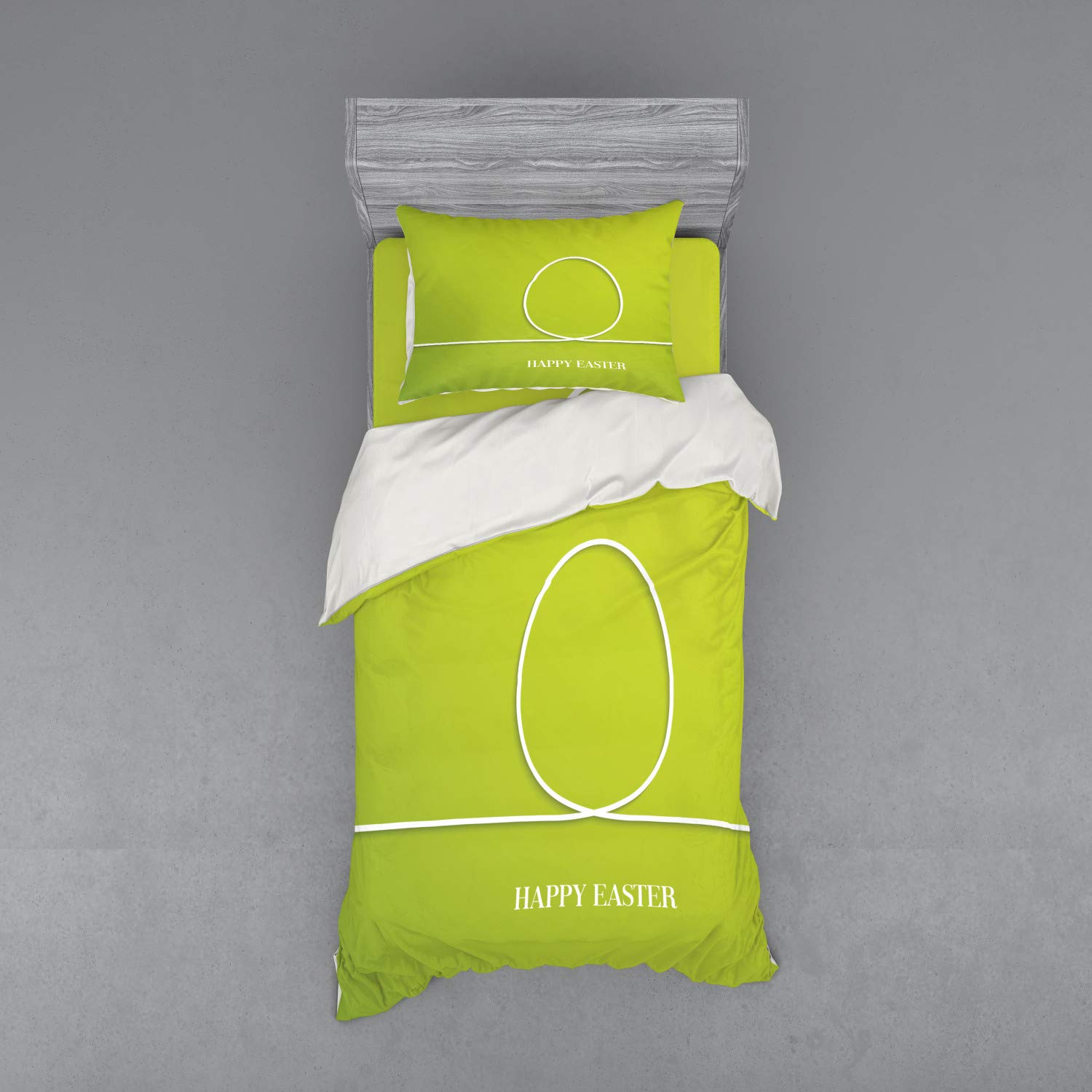 Ambesonne Easter Bedding Set - Minimalist Egg Design Green Spring Theme 3-Piece Duvet Cover Set with Sham & Fitted Sheet, Twin Size Yellow Green White - Perfect for Easter Decor, Spring Bedroom Refresh & Seasonal Home Styling