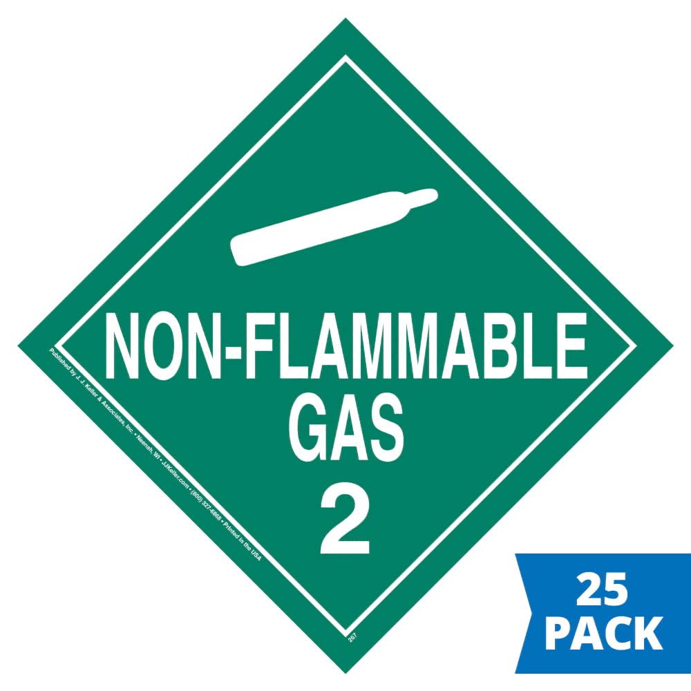 DOT Compliant Division 2.2 Non-Flammable Gas Placard - 25-Pack 10.75x10.75 Inch Removable Self-Adhesive Vinyl Labels | Temporary Hazardous Material Signage for Transport & Storage | J.J. Keller & Associates