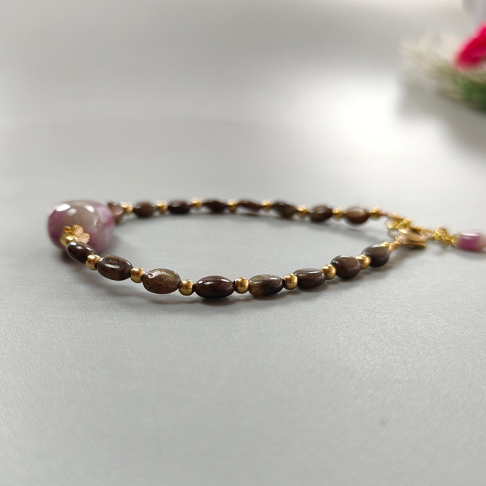 Natural Untreated Zoisite Ruby & Golden Brown Chocolate Sapphire Beaded Bracelet - 58.10cts Oval Cut 7x5mm & 20x14mm Brass Jewelry for Women, Gift for Her, Birthday Present, Anniversary, Party Wear, Boho Chic Accessory
