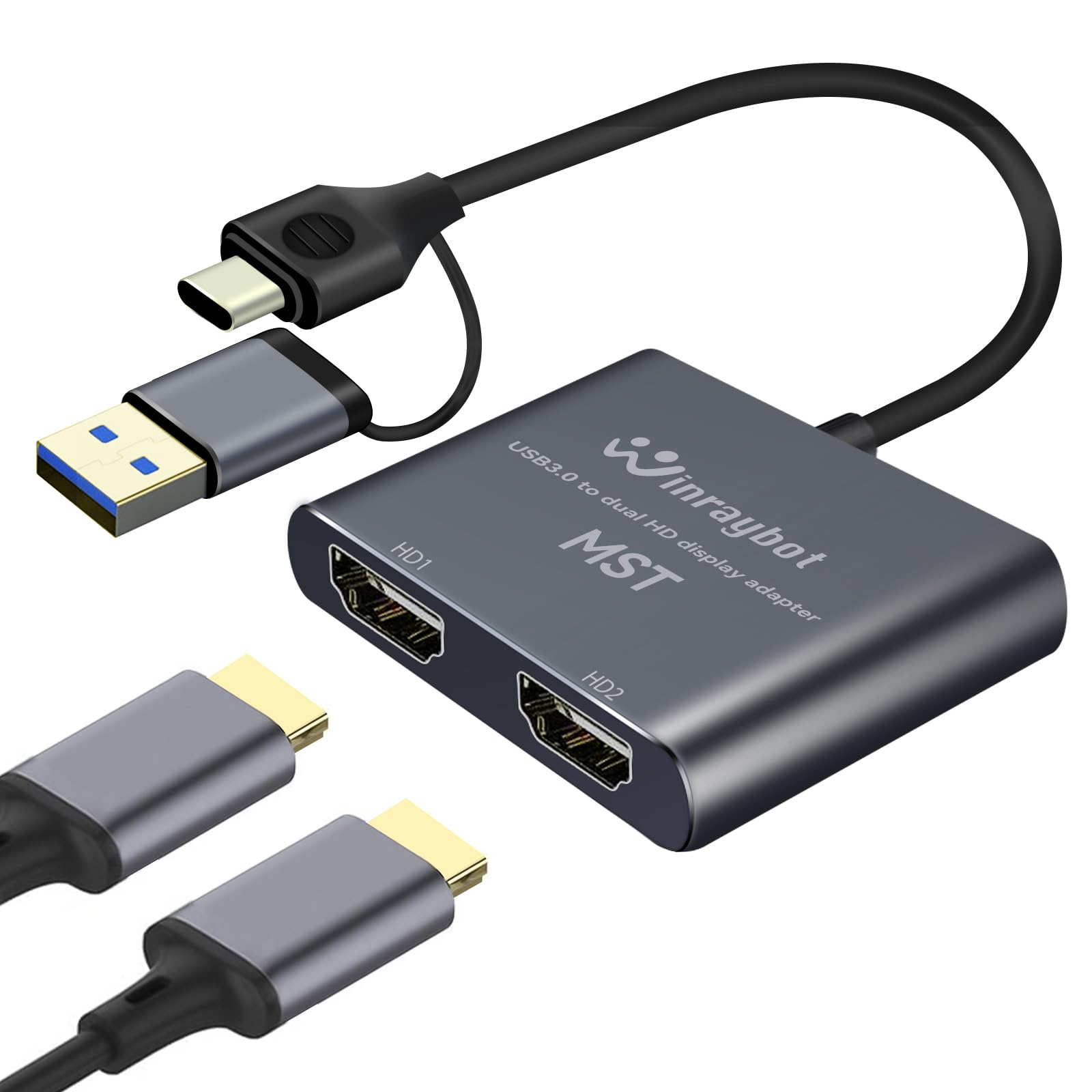 USB 3.0 to HDMI Adapter for Dual Monitors - 4K Extended Display Splitter with USB A & USB C Ports - Compatible with Mac & Windows (Gray) - Perfect for Home Office, Gaming & Multi-Tasking Workstations
