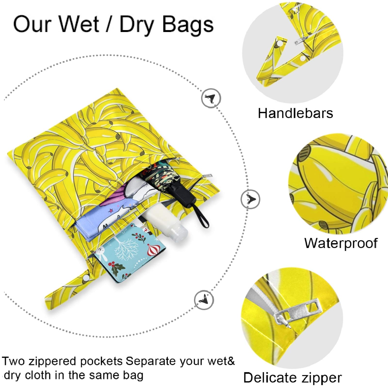 Visesunny 2-Pack Yellow Banana Wet Bags - Waterproof Washable Reusable Storage with Zipper Pockets for Travel, Beach, Pool, Gym & Daycare - Perfect for Wet Swimsuits, Diapers, Dirty Clothes & Toiletries | Great for Moms, Kids & Outdoor Activities