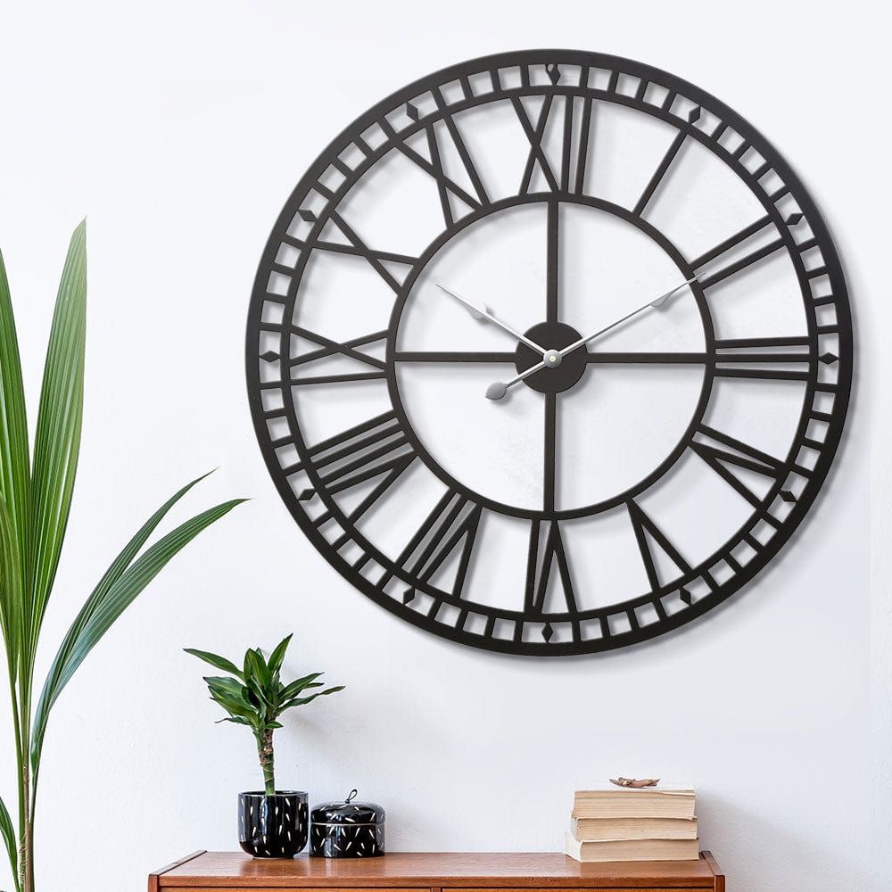 Artiss 60CM Large Round Wall Clock with Roman Numerals - Elegant Metal Luxury Home Decor in Black - Perfect for Living Room, Bedroom & Office